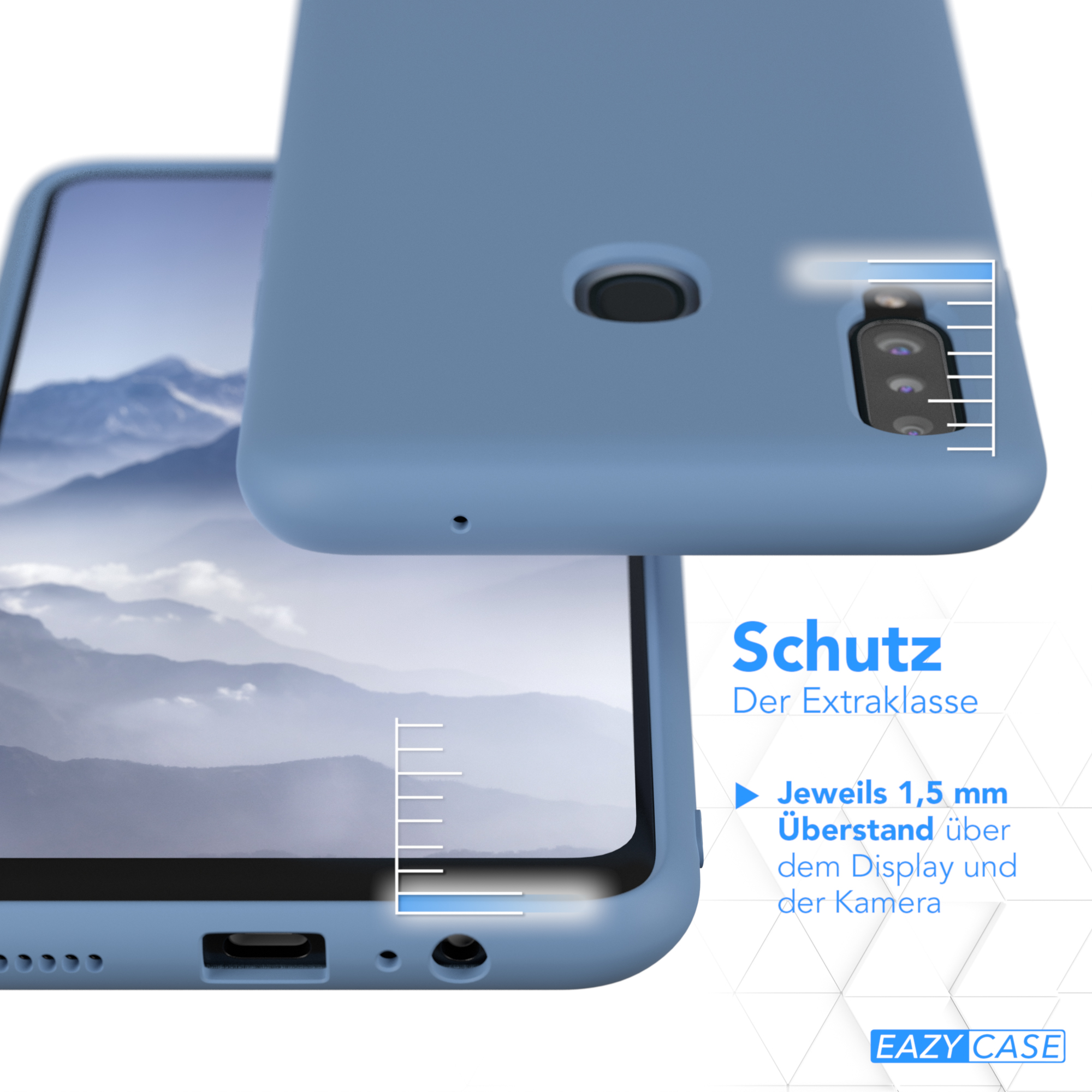 Blaue Handyhülle auf einem Telefon. Text zeigt Schutz und Messung in mm.