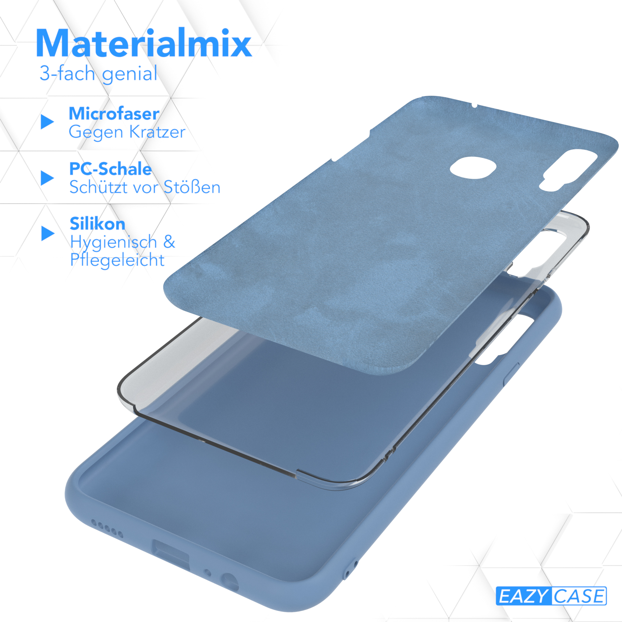Blaue Handyhülle mit drei Schichten, die Mikrofaser, PC-Schale und Silikonmaterialien zeigt.