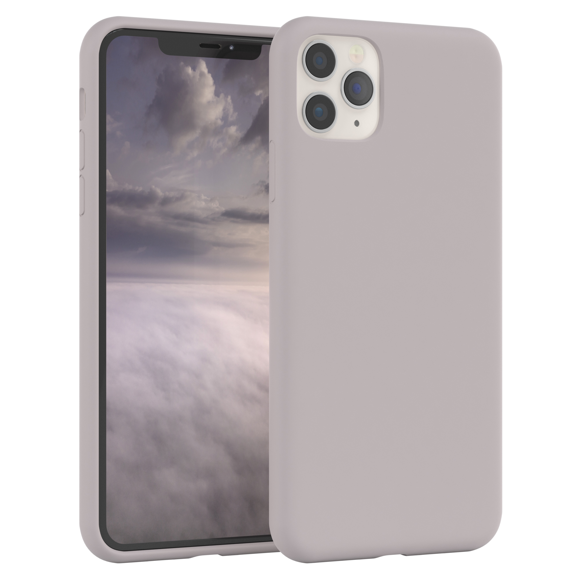 Ein Telefon in einem grauen Gehäuse. Der Bildschirm zeigt einen bewölkten Himmel.
