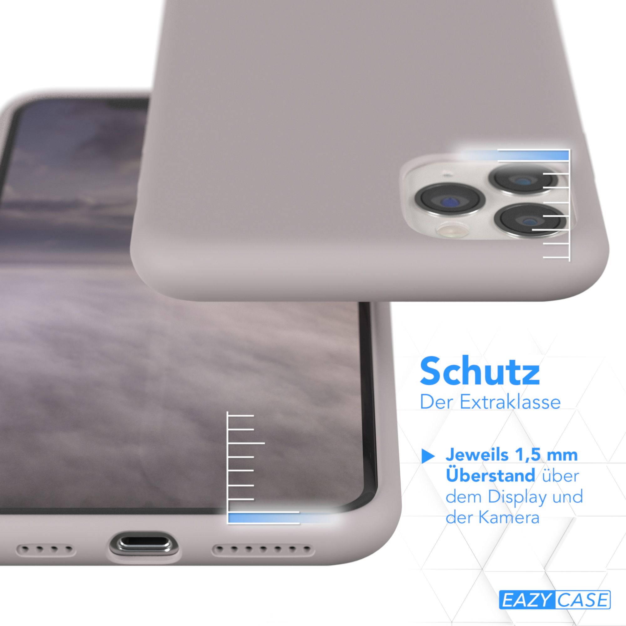 Handyhülle, weißes Telefon und Messanleitung. Die Hülle bedeckt den Bildschirm des Telefons.