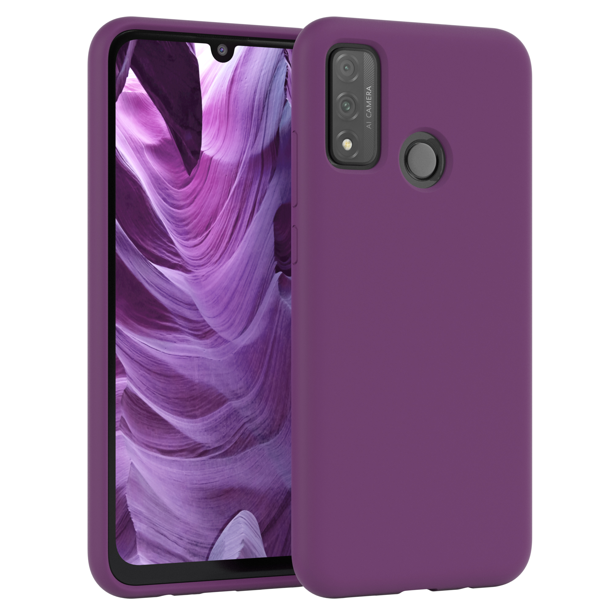 Lila Telefon in einer Hülle, weißer Hintergrund, zwei Telefone, eins mit Hülle.
