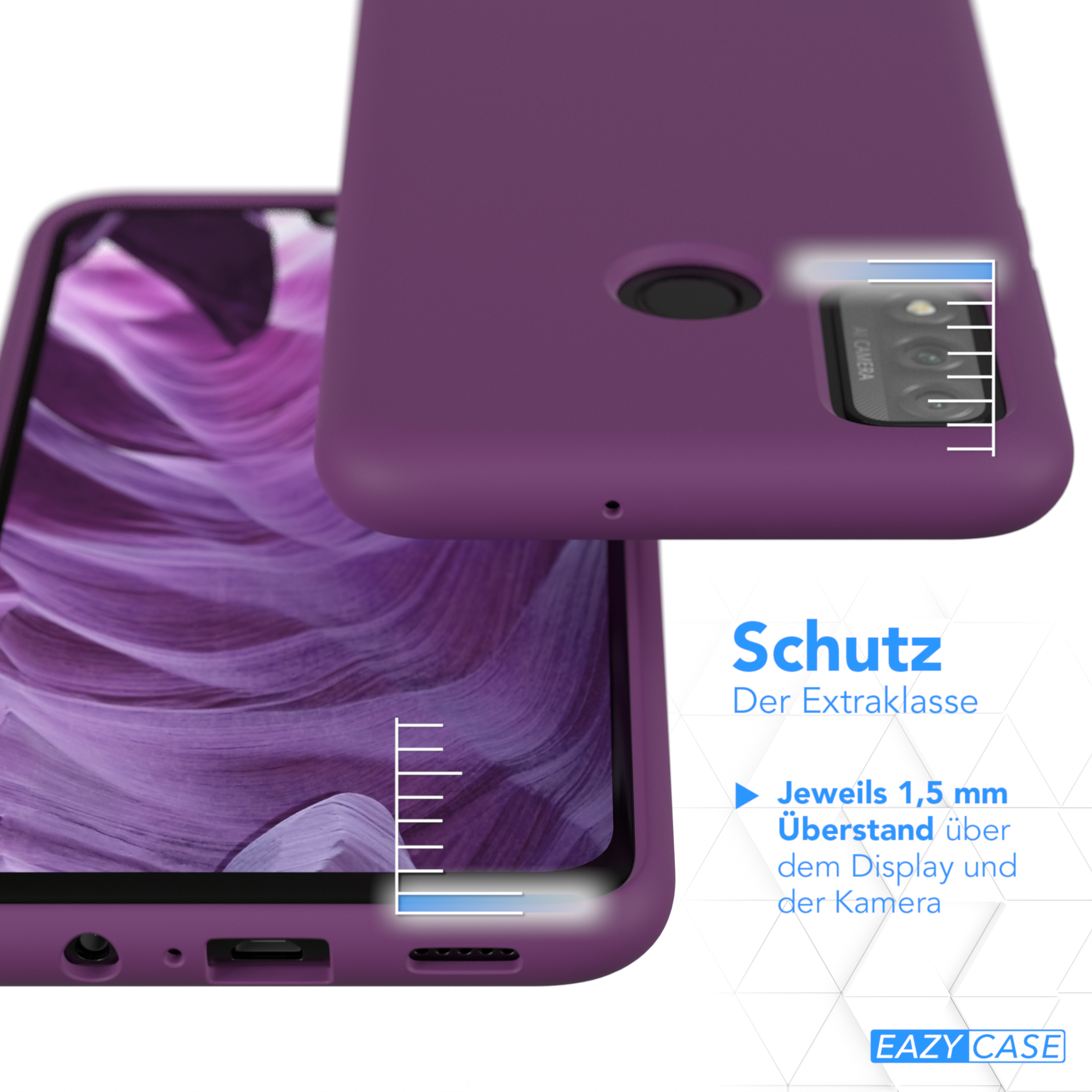 Lila Handyhülle auf einem schwarzen Telefon. Der Text lautet Schutz, 1,5 mm Überstand über dem Display und der Kamera.