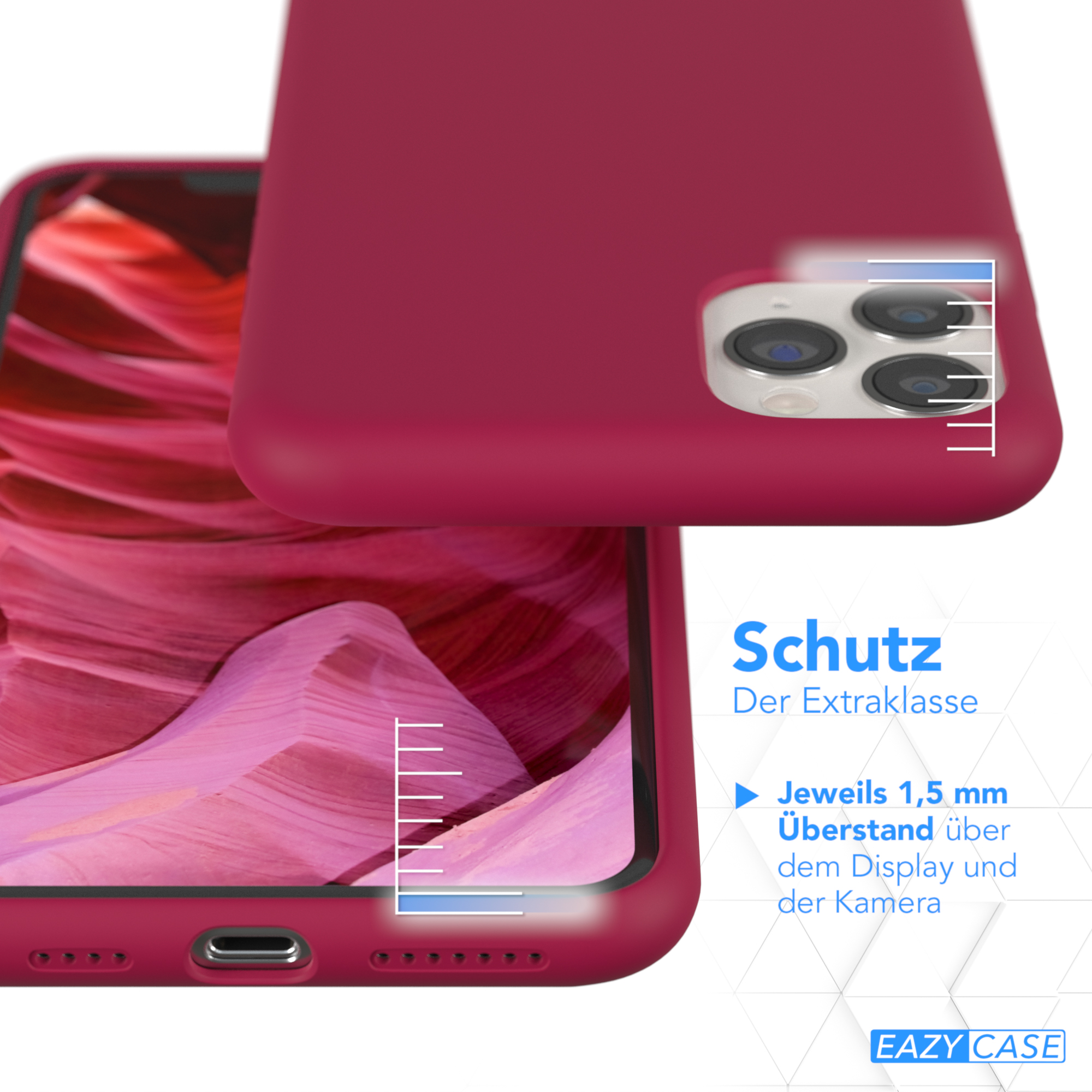 Rote Handyhülle schützt ein Telefon. Die Hülle ist rot, und die Handykamera ist sichtbar. Weißer Hintergrund.