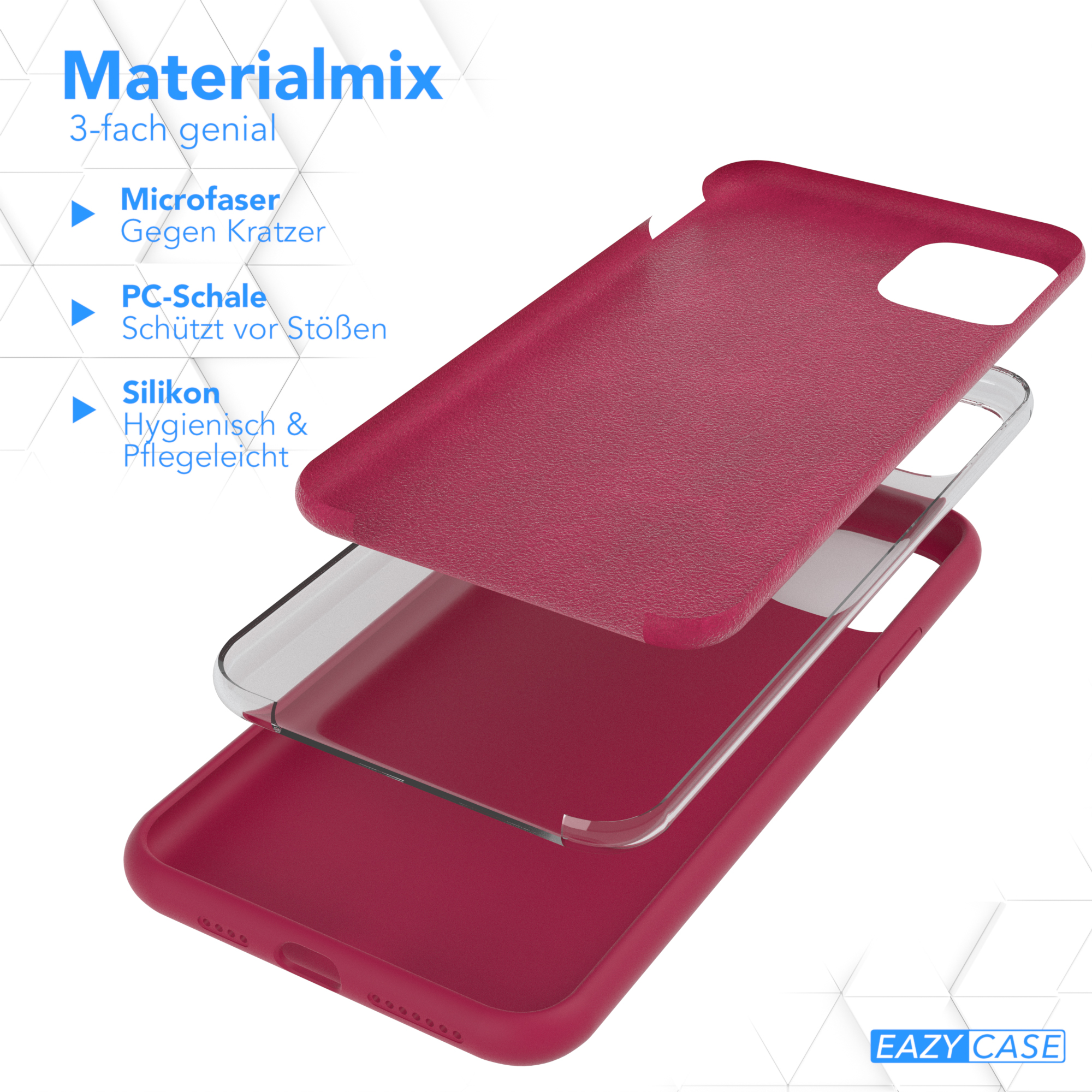 Dreischichtige Handyhülle in Rot und Transparent. Die Hülle befindet sich auf weißem Hintergrund. Text: Materialmix.