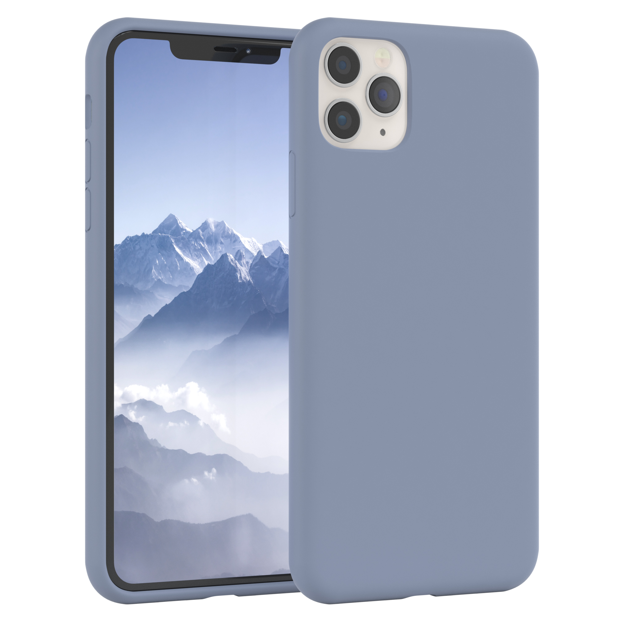 Blaues Telefon in Hülle, Berglandschaft auf dem Bildschirm. Hülle rechts.