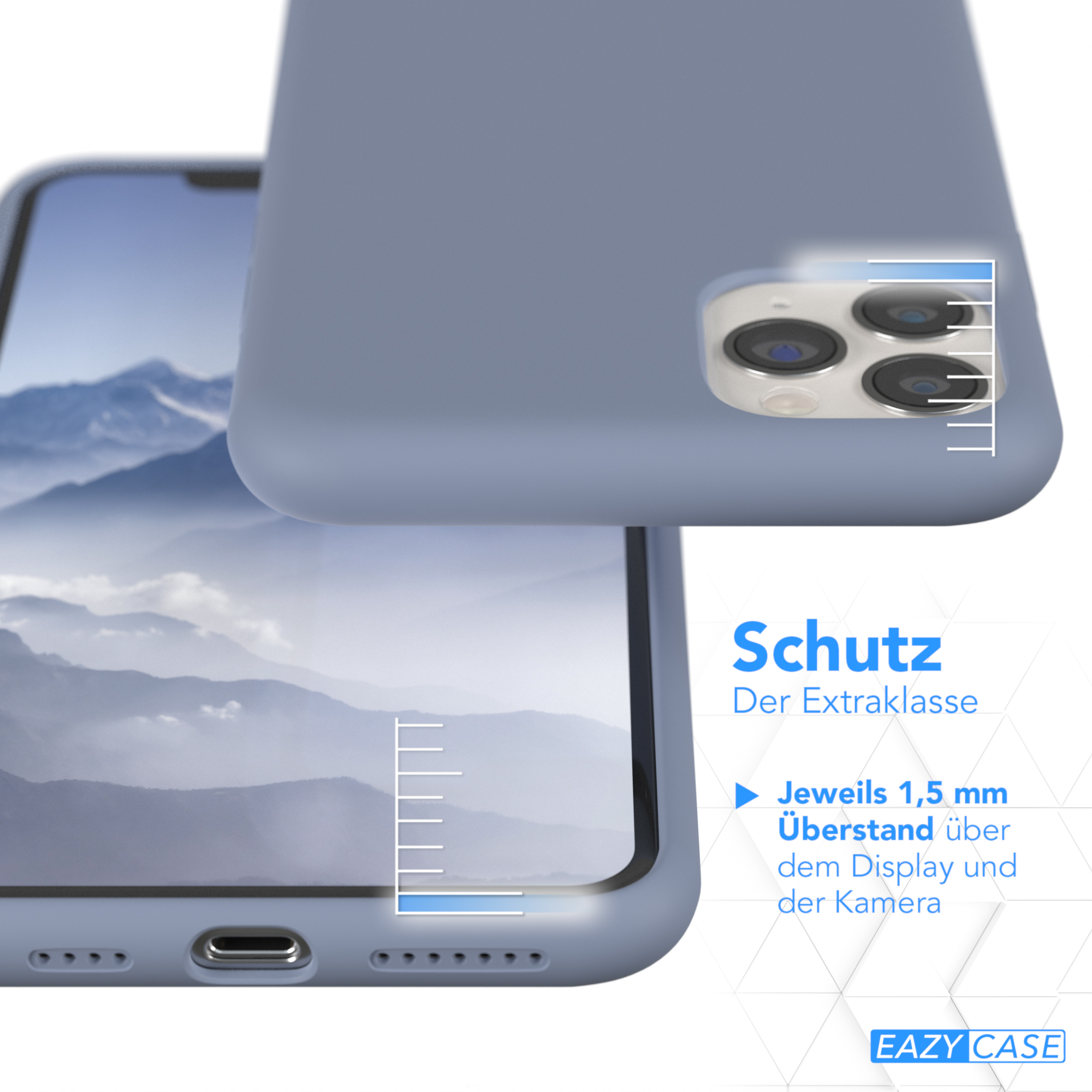 Blaue Handyhülle auf einem Handy mit Berglandschaft. Text: Schutz. Der Extraklasse. 1,5 mm Überstand.