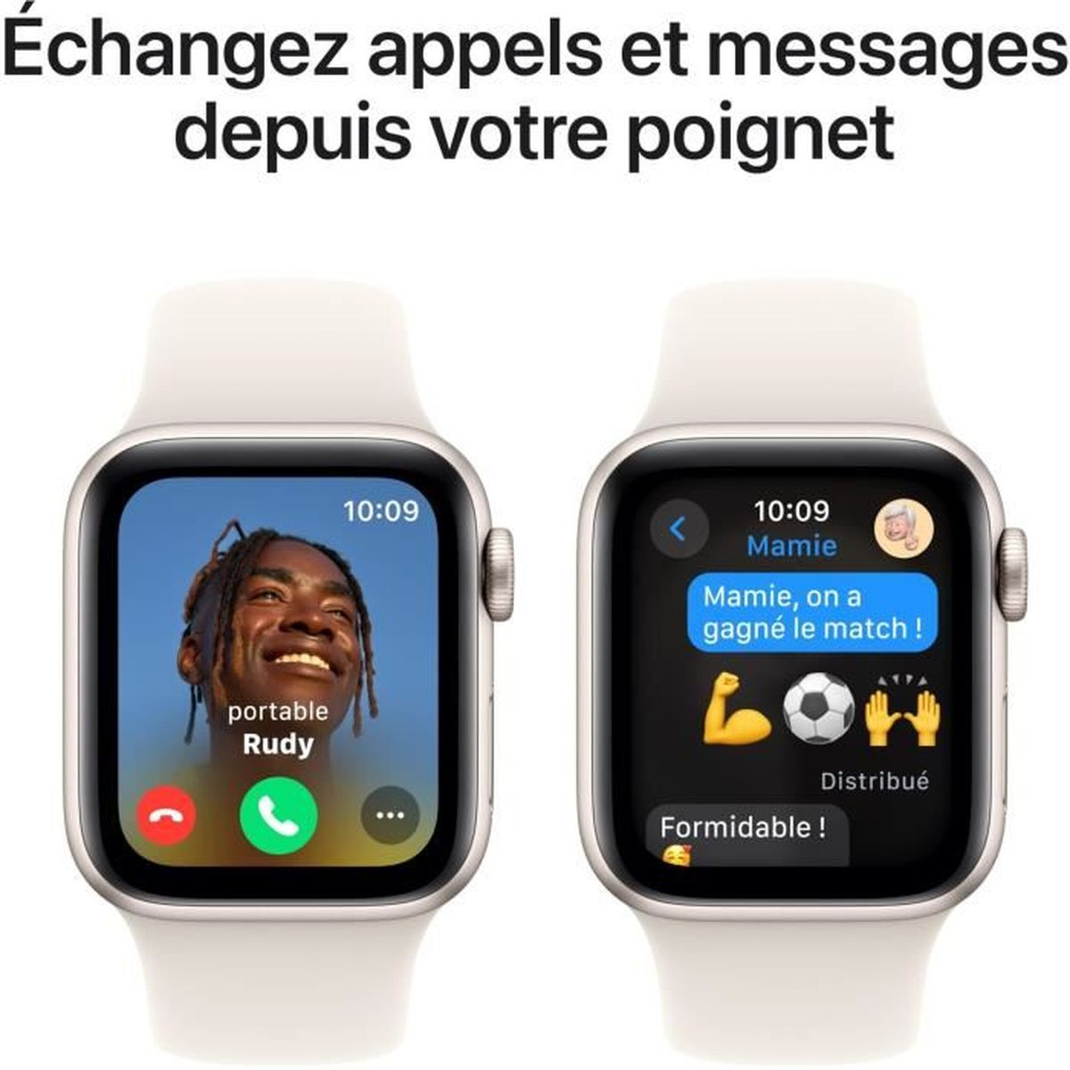 Dwa smartwatche na białych paskach, wyświetlające połączenia i wiadomość tekstową z emoji.