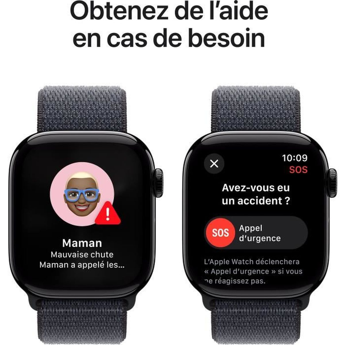 Dwa ekrany Apple Watch pokazujące funkcje i informacje alarmu SOS.