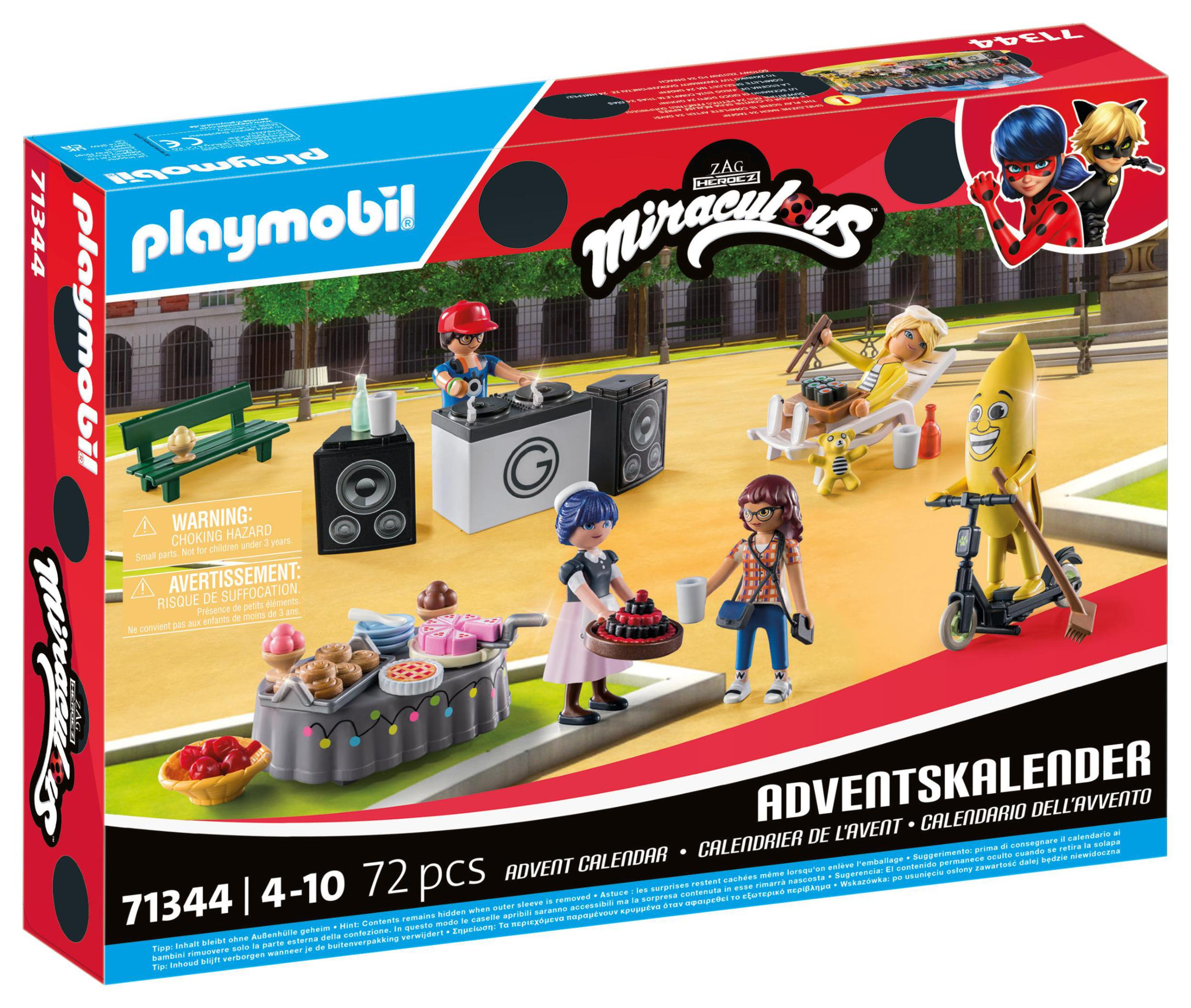 Playmobil Adventskalenderbox mit Figuren und Spielzeug. Weißer Hintergrund.
