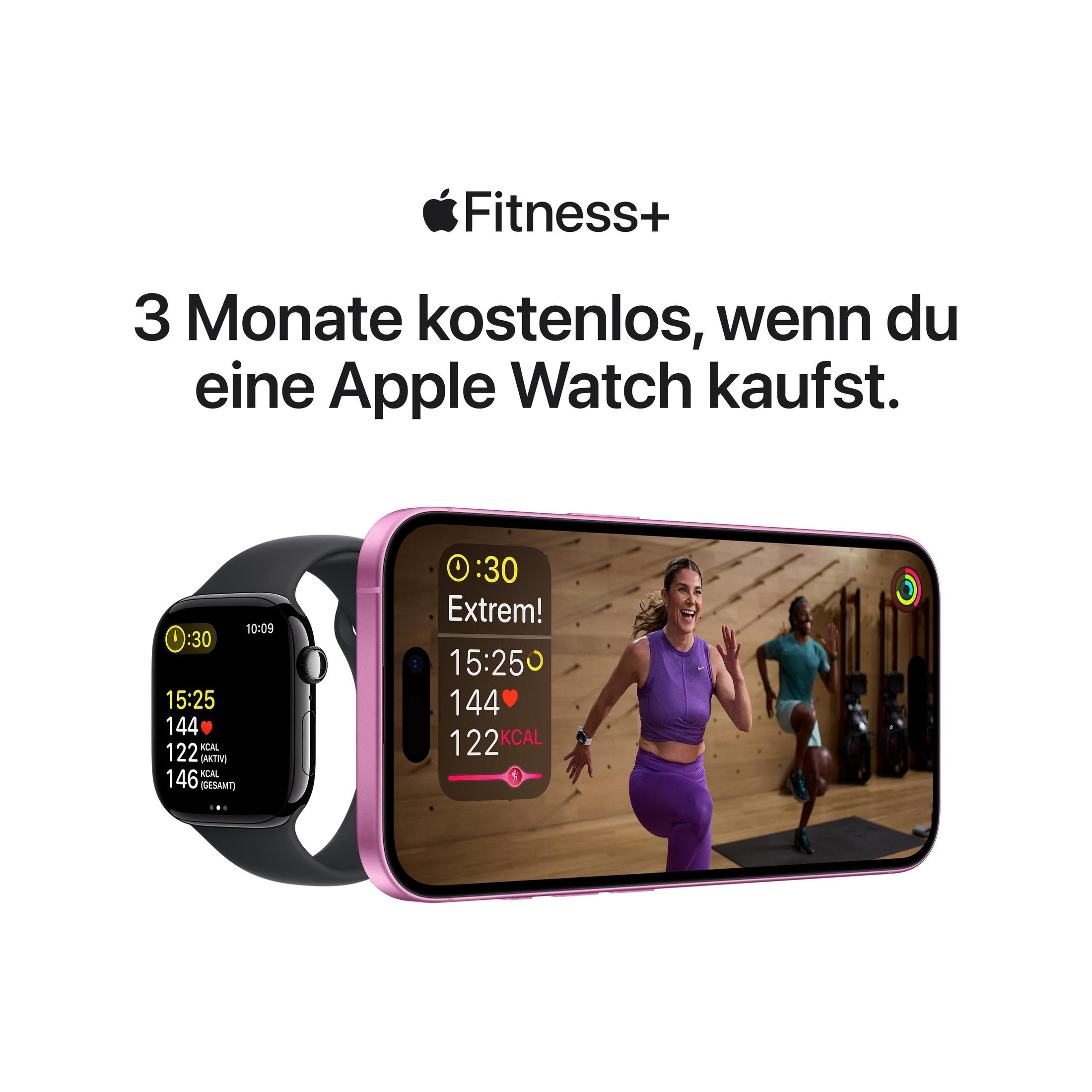 Apple Watch i różowy iPhone wyświetlają film z treningiem. Tekst mówi 'Fitness+' i '3 Miesiące za darmo'.