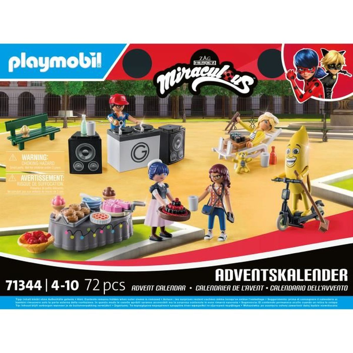 Eine Playmobil Miraculous Adventskalender-Box. Figuren und Zubehör sind sichtbar.