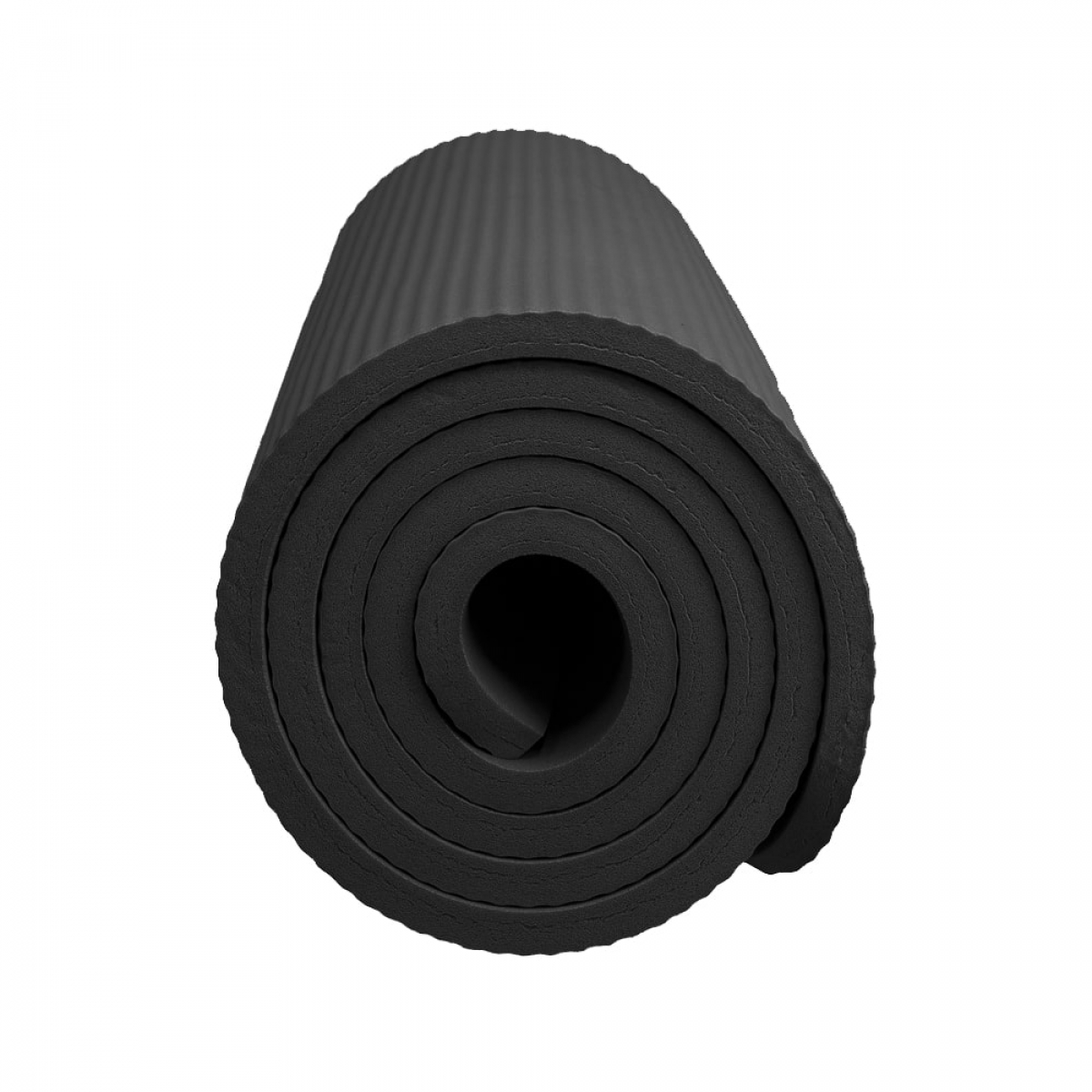 Tapis de yoga noir enroulé. Forme cylindrique avec des crêtes visibles, isolé sur fond blanc.