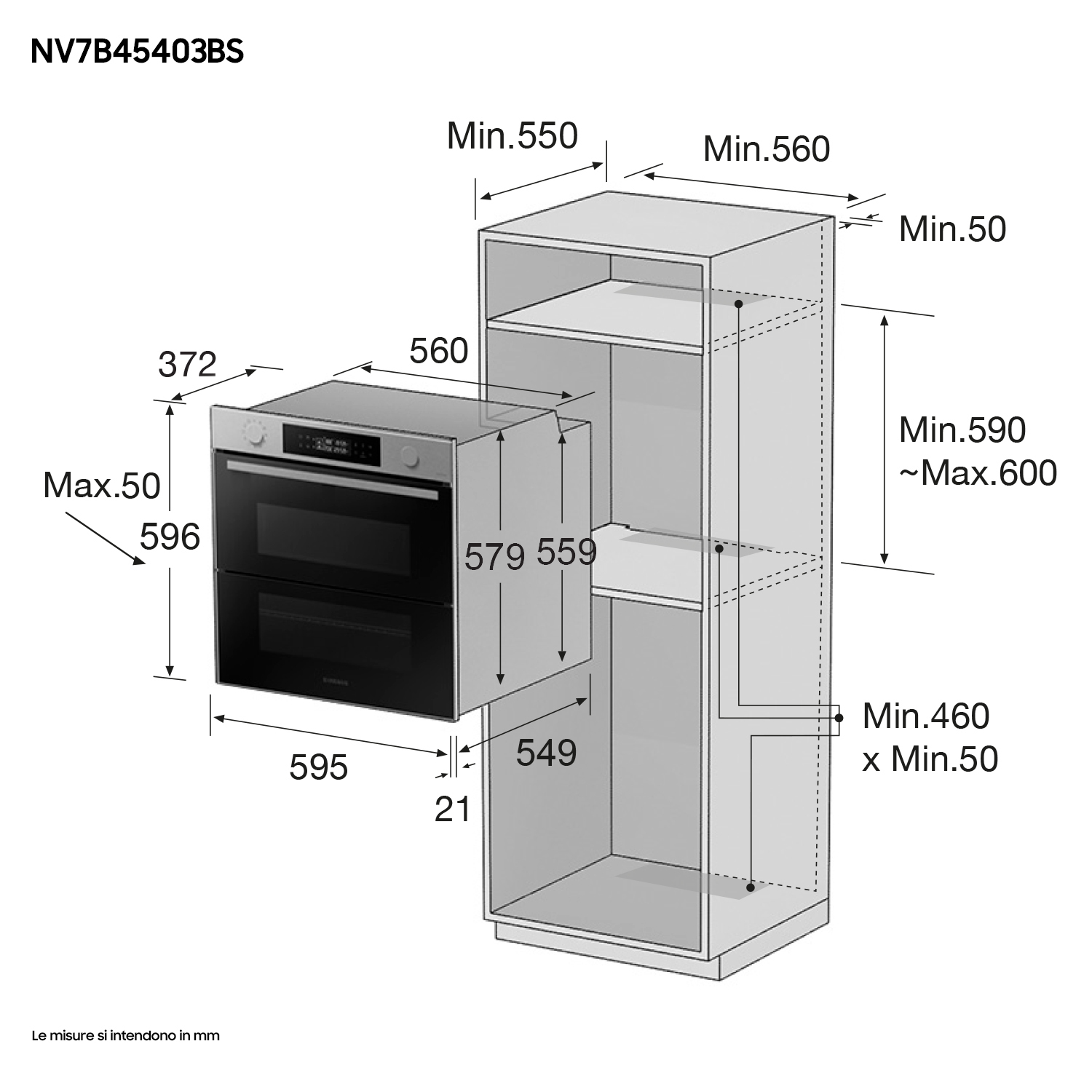 Diagramma di un forno a incasso, con dimensioni in millimetri. Porta nera e telaio argentato.