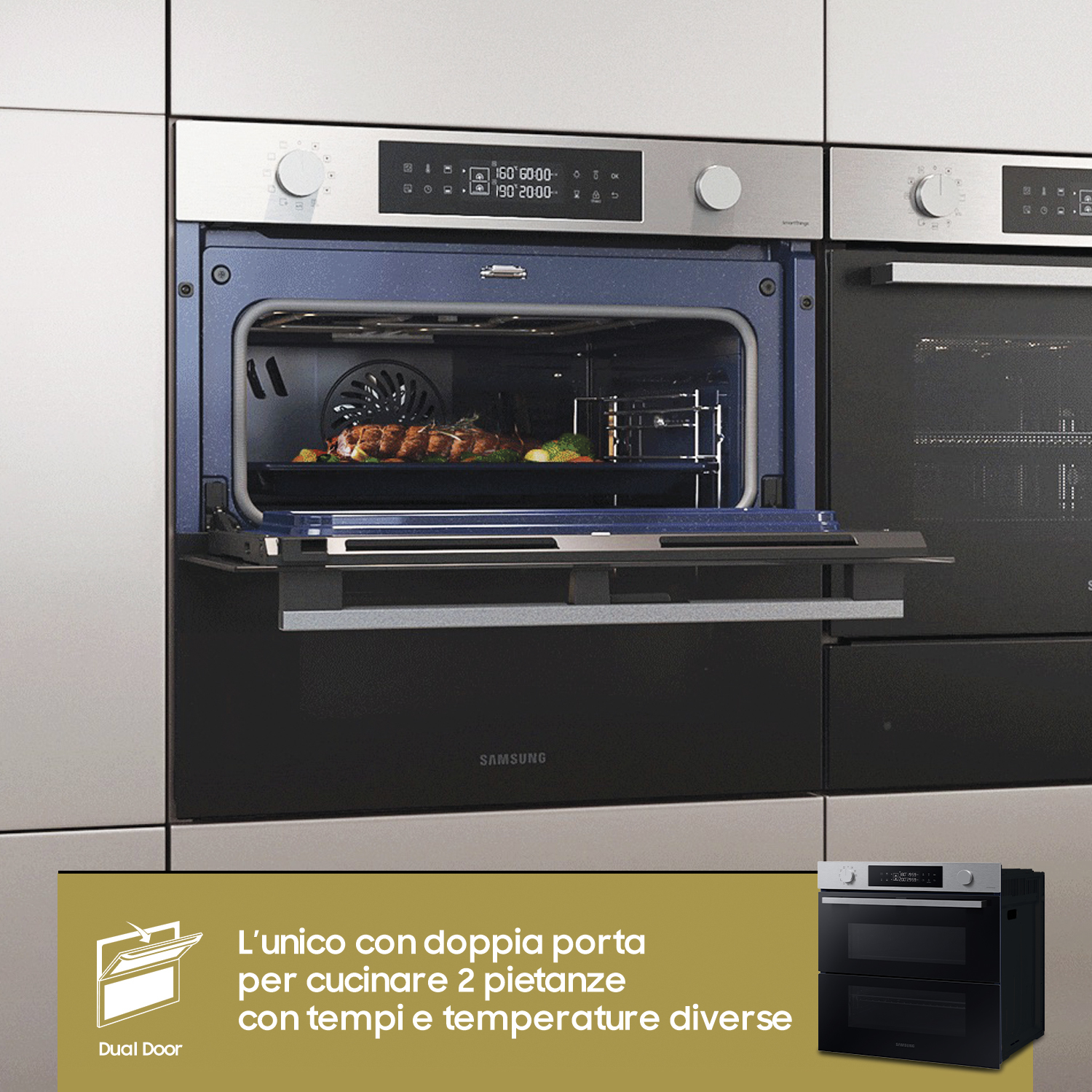 Un forno Samsung con doppie porte aperte, che mostra l'interno e un'immagine promozionale.