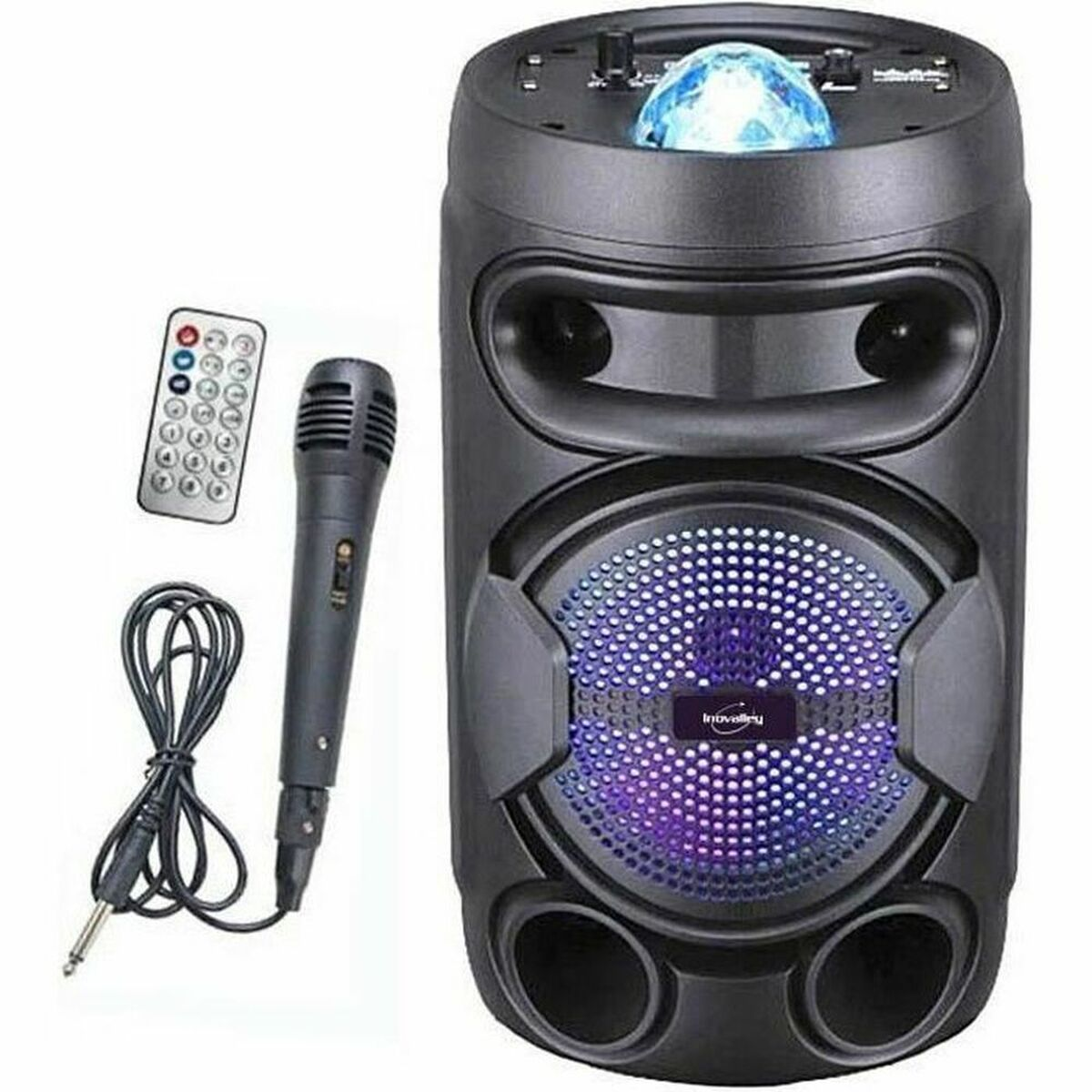 Altoparlante nero con microfono, telecomando. L'altoparlante ha luci e porte multiple.