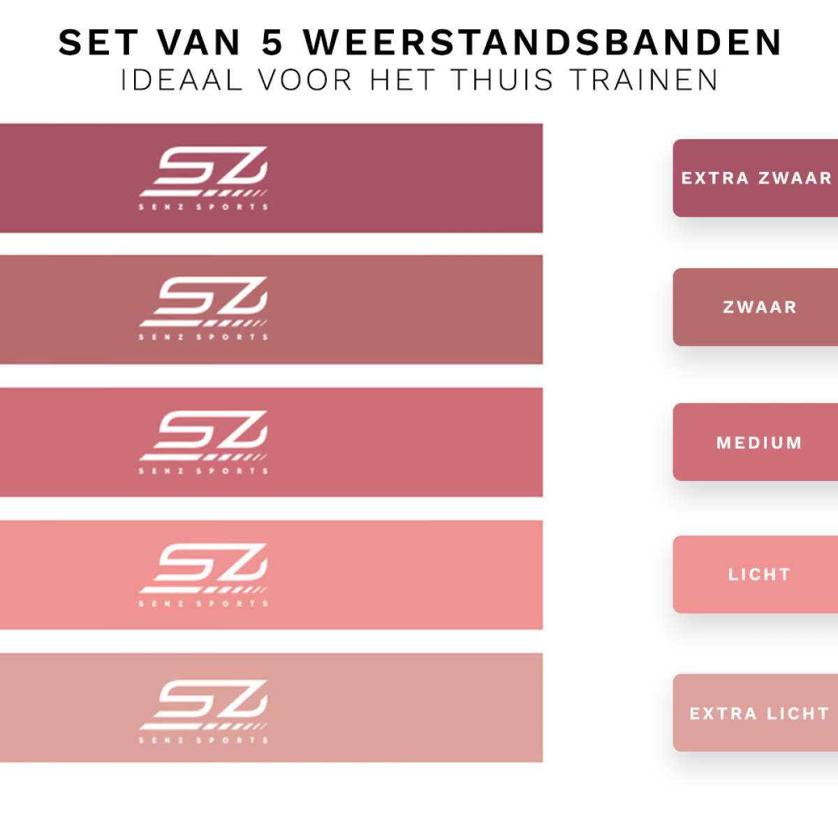 Set van vijf weerstandsbanden in verschillende tinten roze en rood.