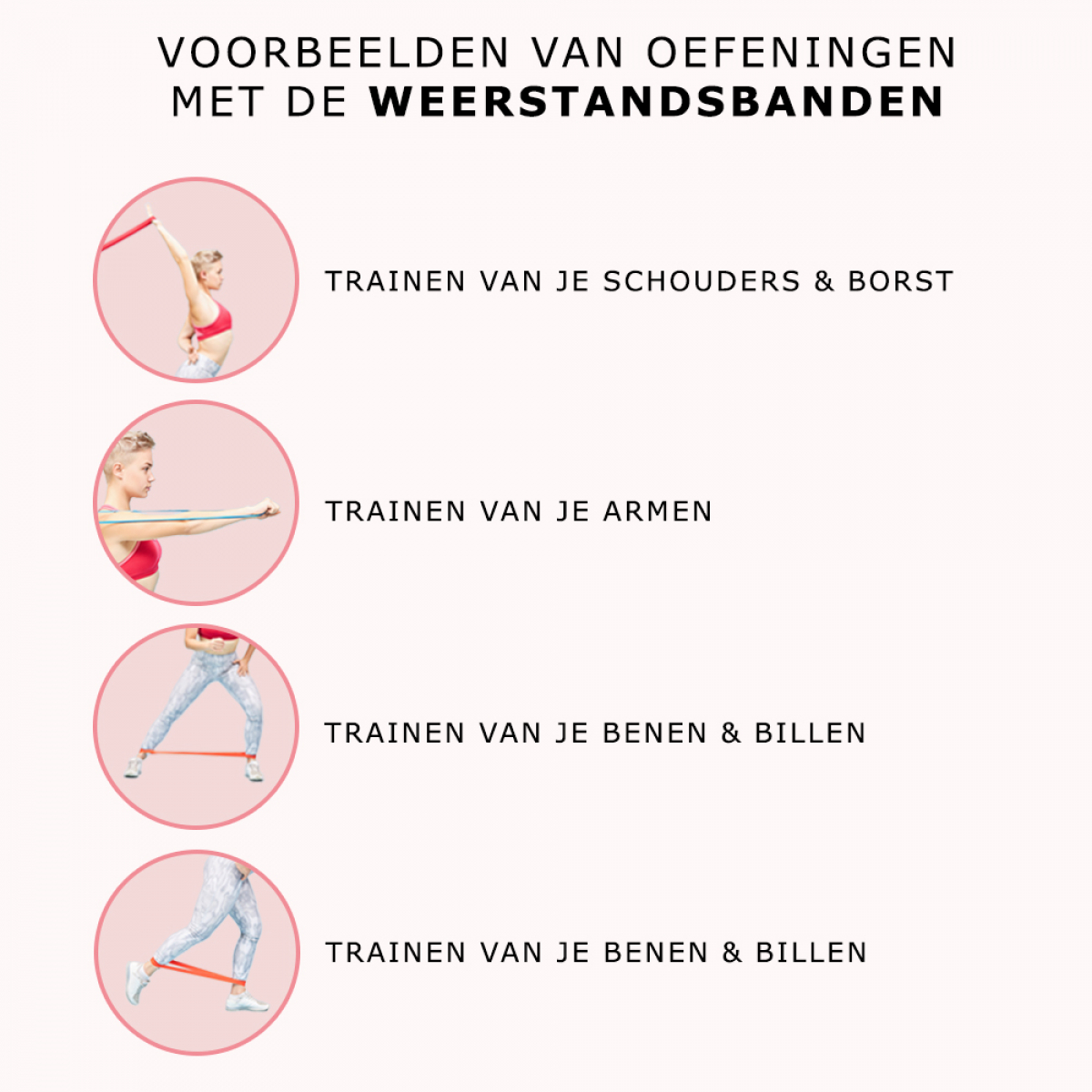 Oefeningen met weerstandsbanden. Demonstraties van oefeningen voor schouders, armen, benen en billen.