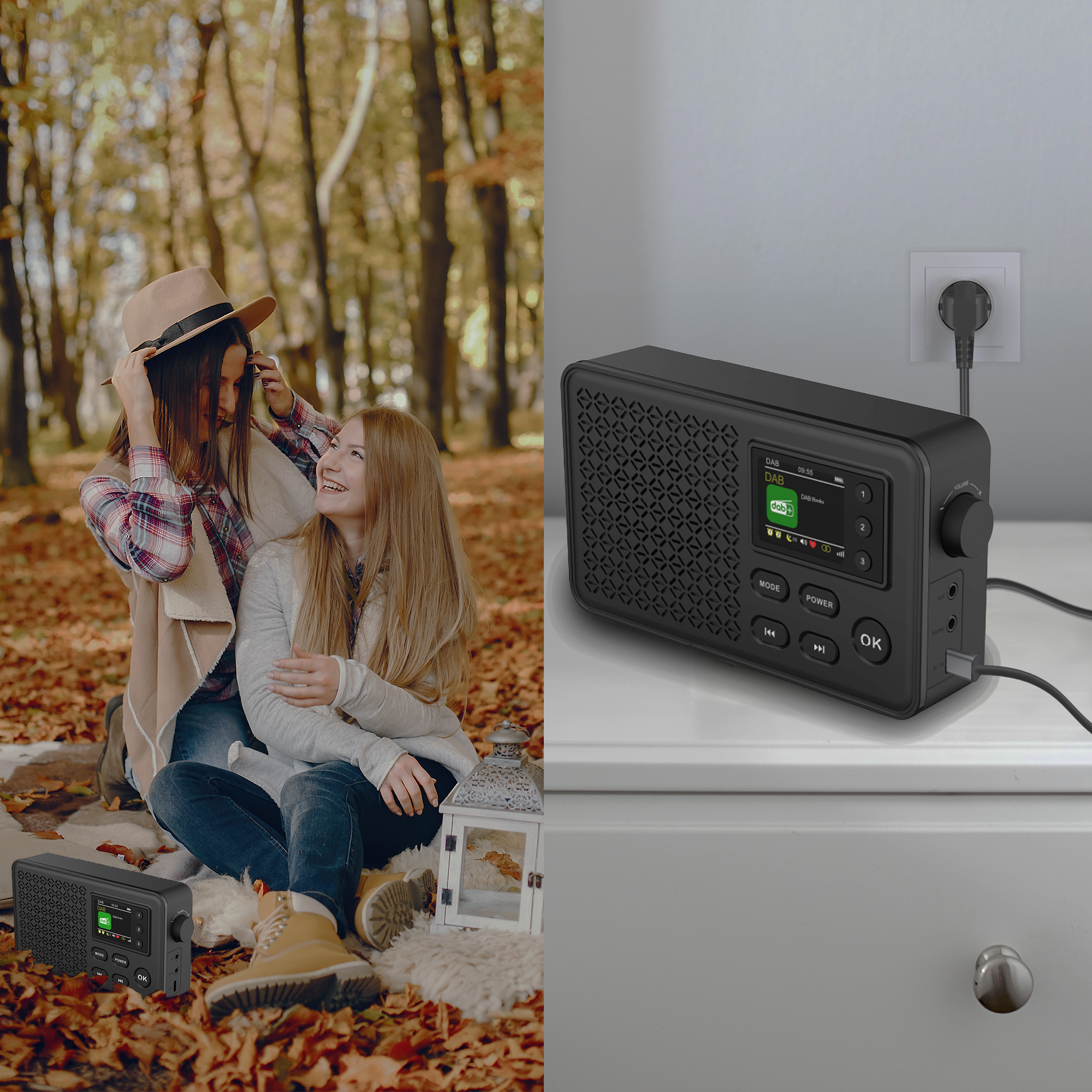 Dwie kobiety z radiem w jesiennej scenerii, radio na białej powierzchni.