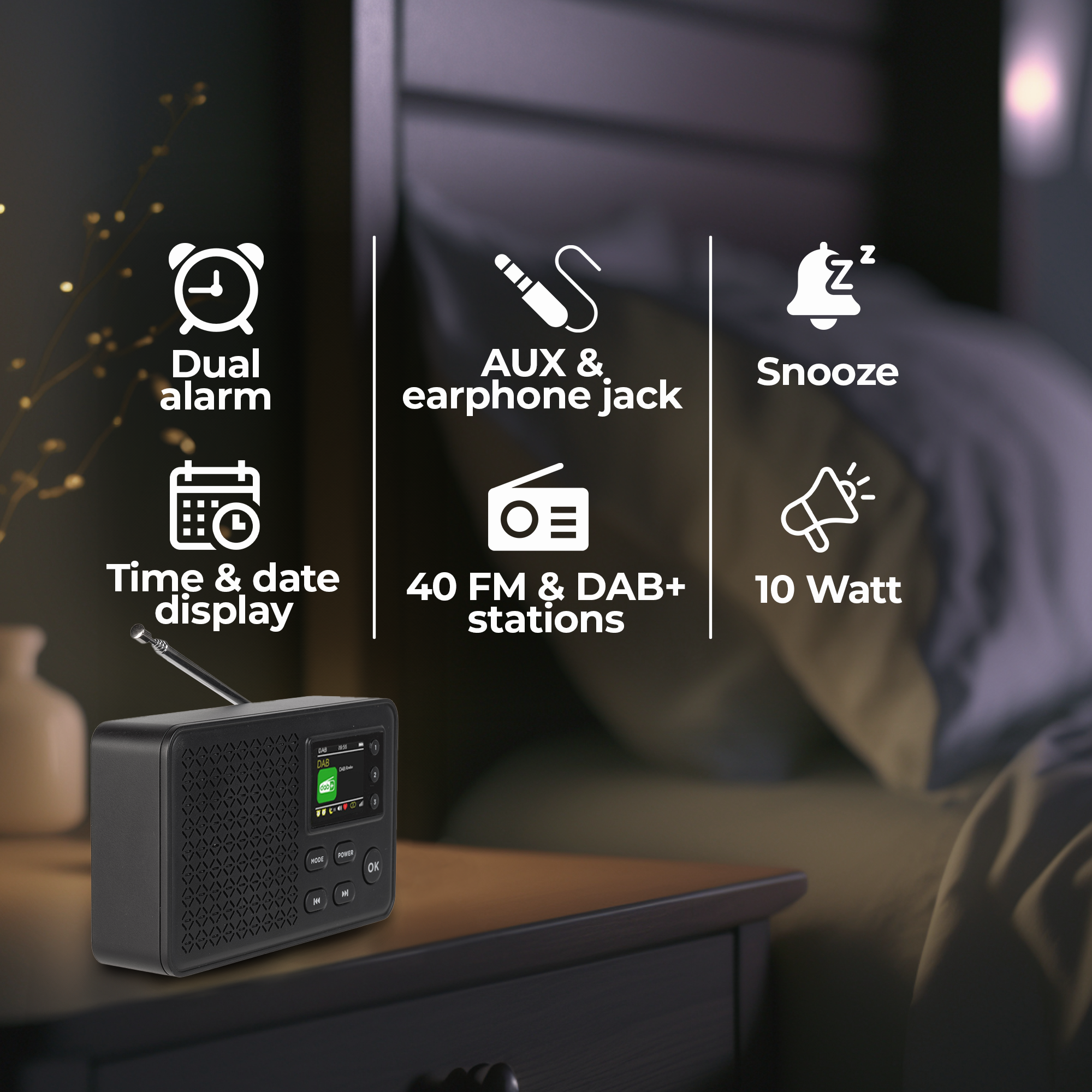 Radiobudzik z ikonami: podwójny alarm, czas/data, AUX, drzemka, 10W, stacje.