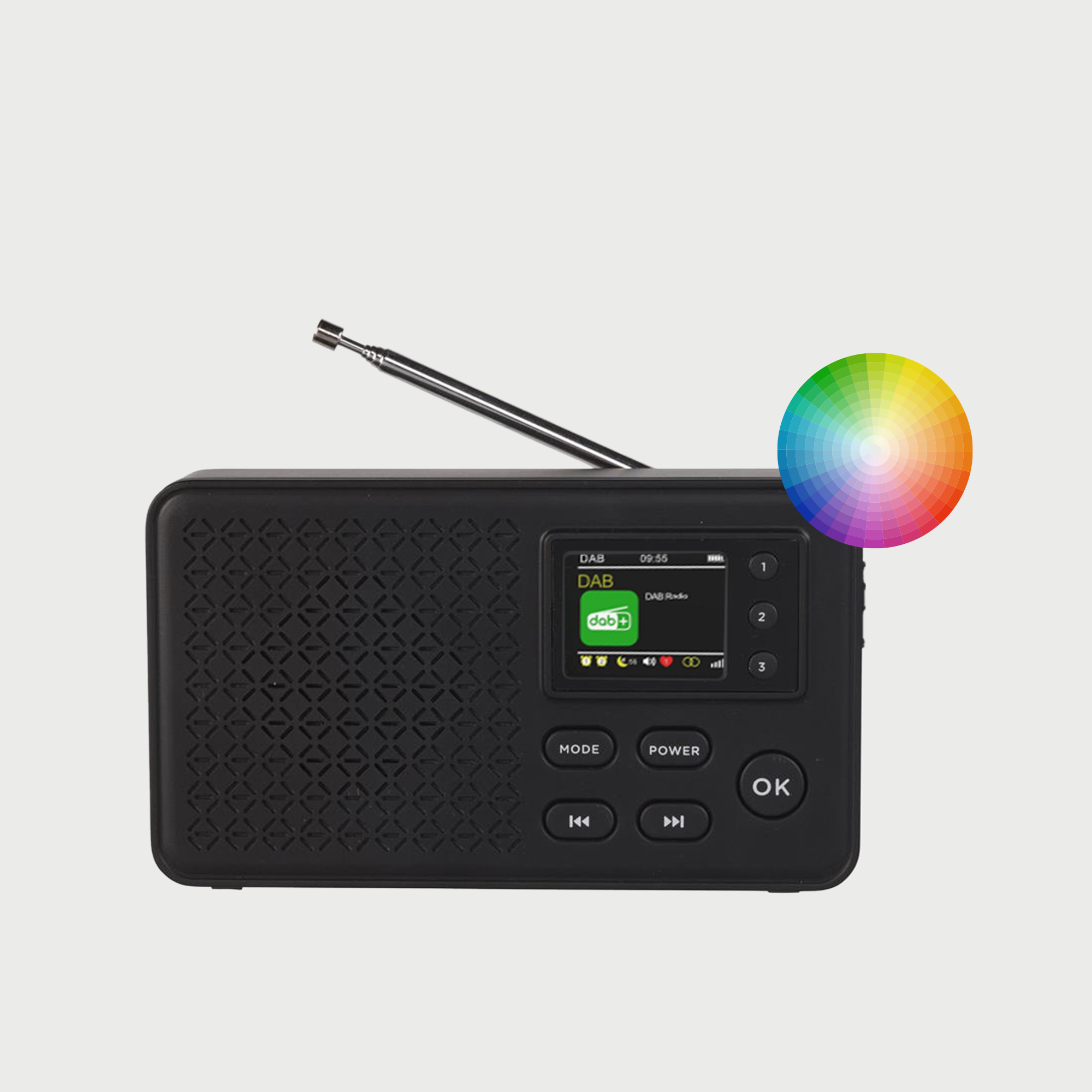 Czarny radioodbiornik DAB z anteną i kołem kolorów po prawej stronie. Ekran wyświetla informacje.