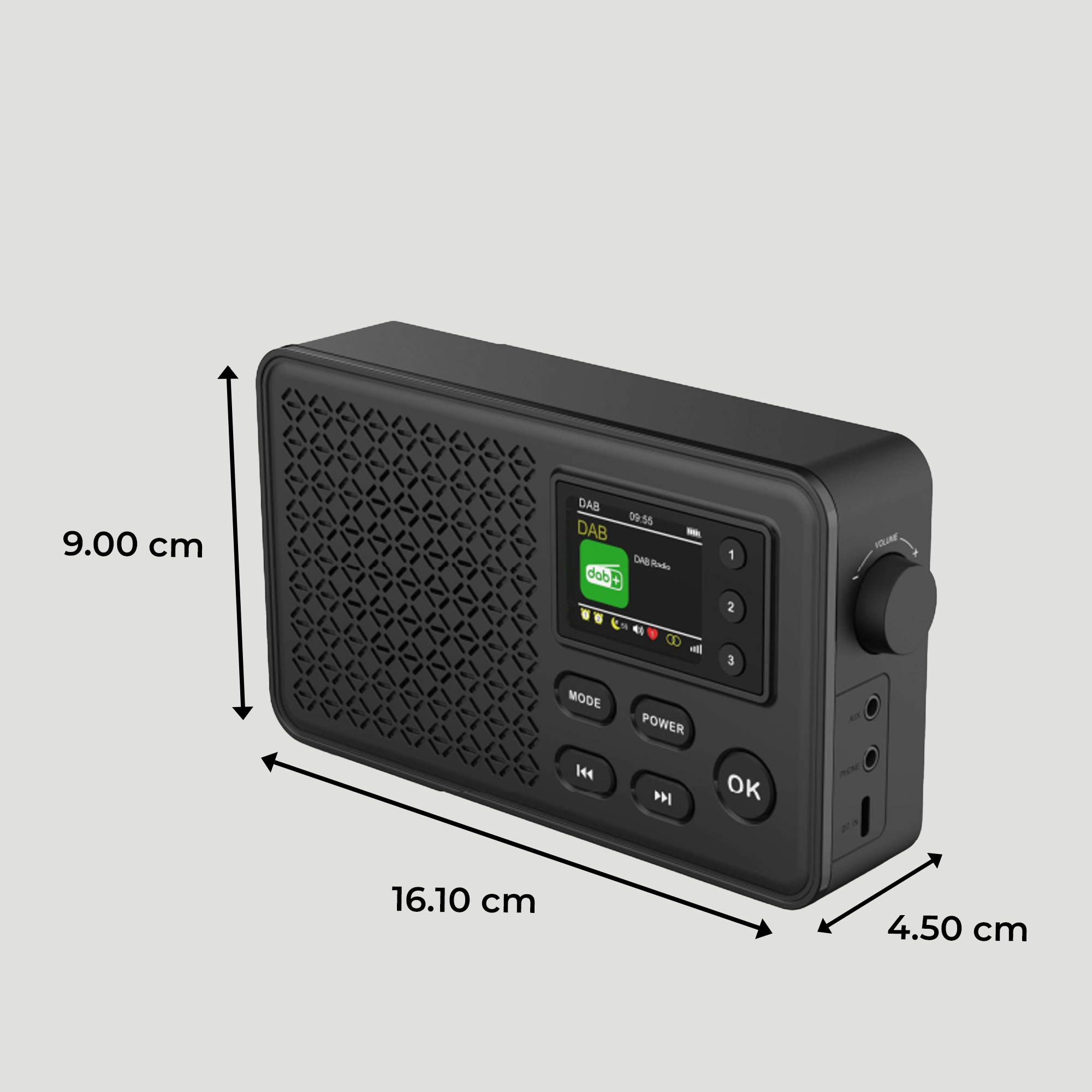 Czarny przenośny radioodbiornik z ekranem, przyciskami i pokazanymi wymiarami.