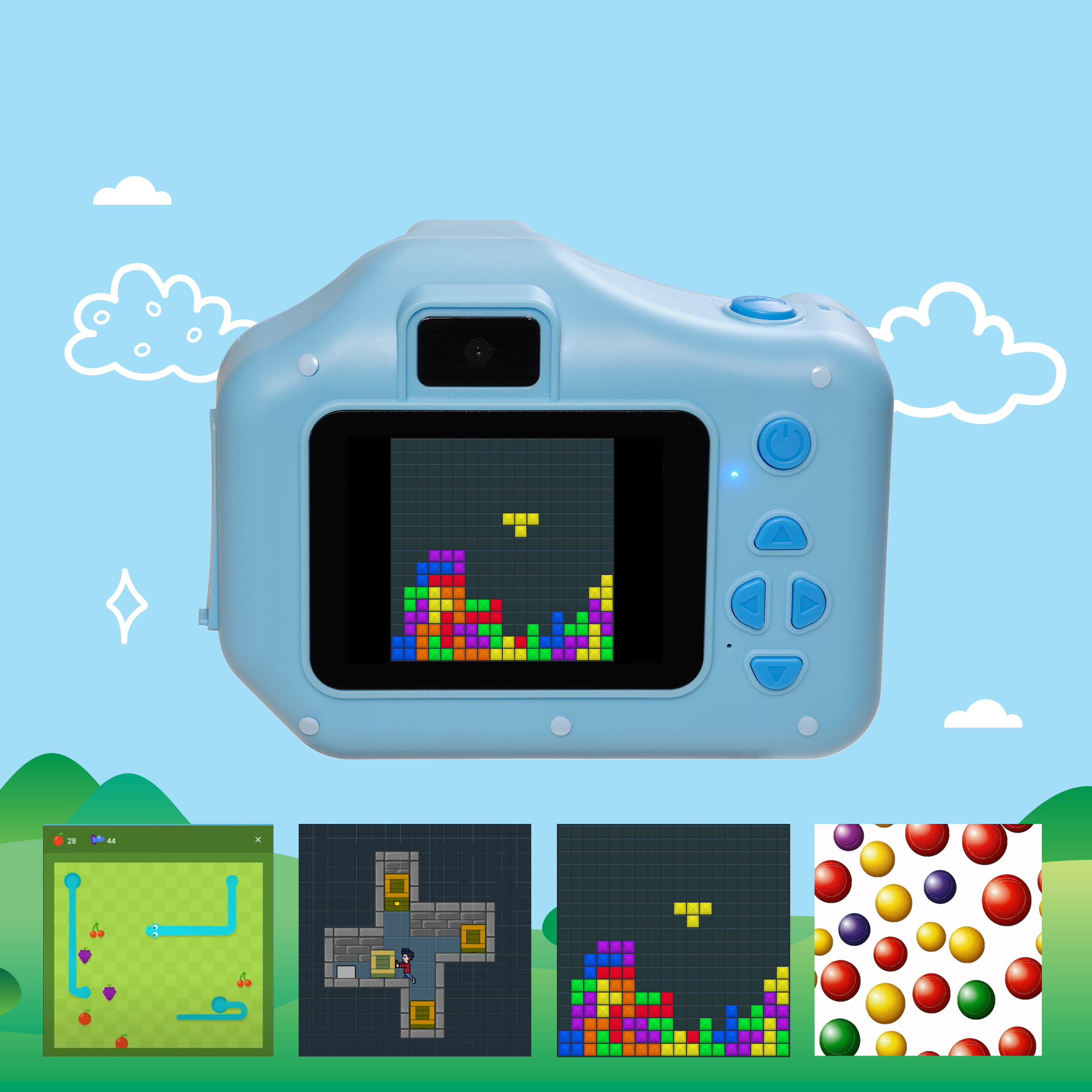 Niebieski aparat zabawka z ekranem wyświetlającym Tetris i inne minigry. Przyciski i niebieskie tło nieba.