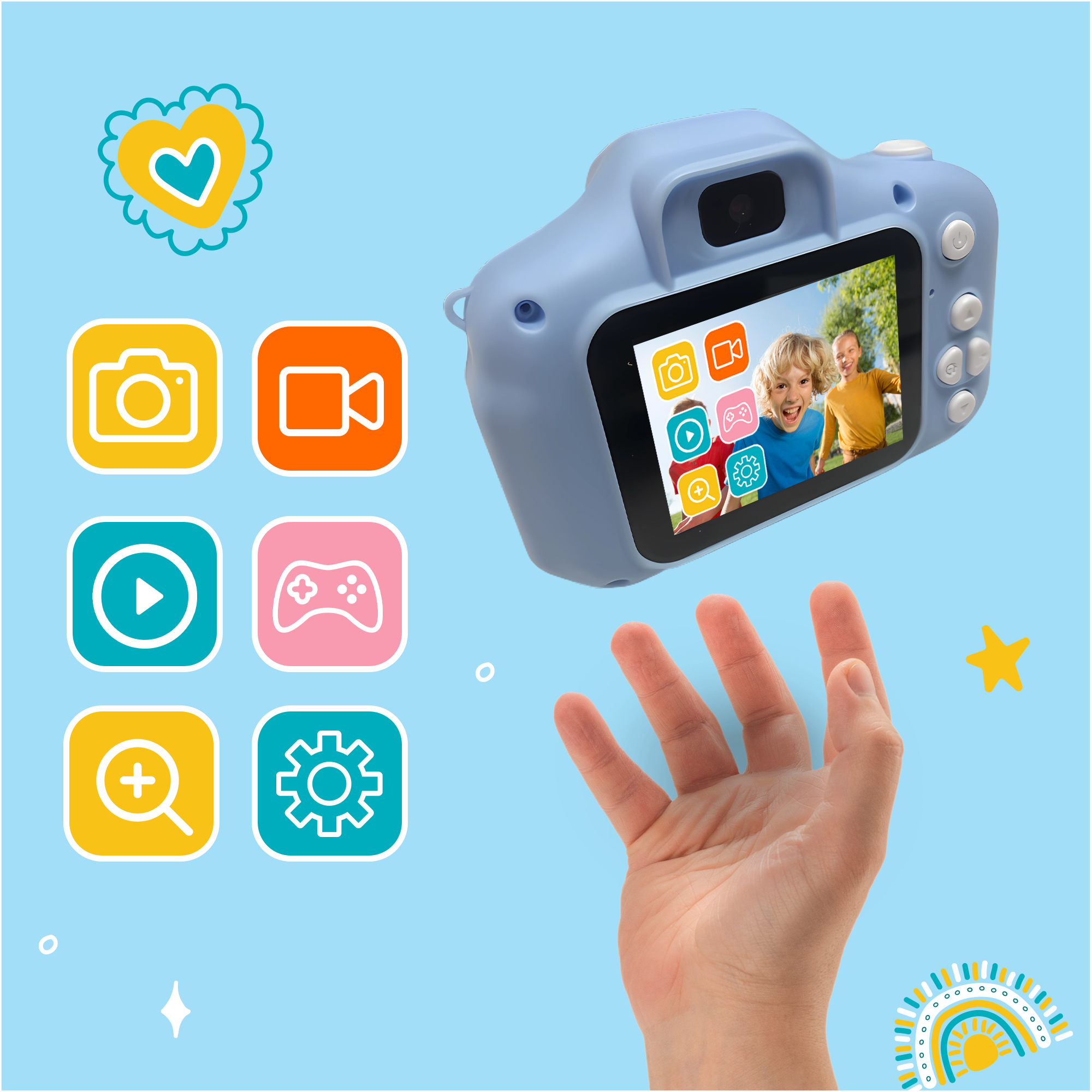 A light blue toy camera with icons and a hand reaching out.