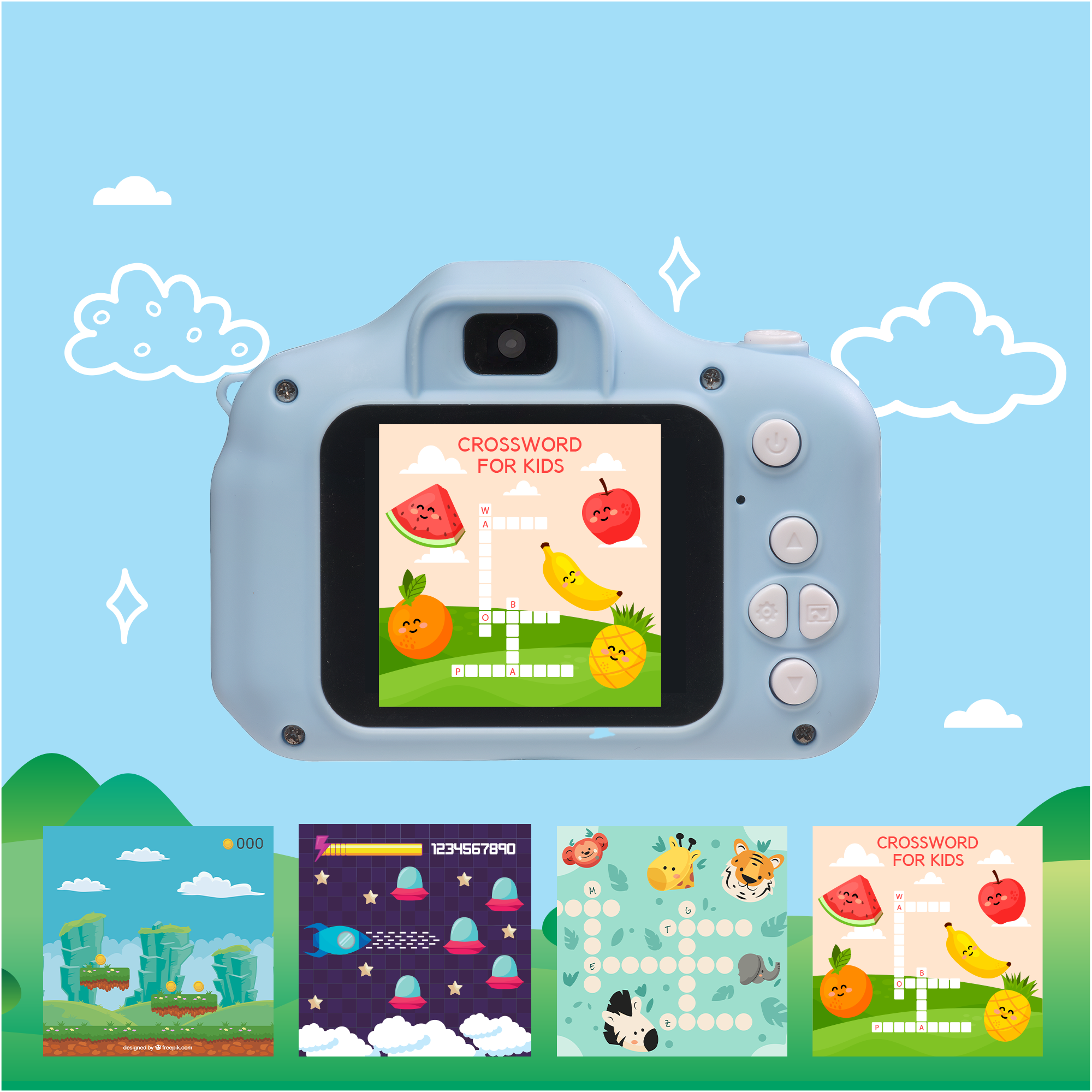 Blue toy camera showing a crossword puzzle for kids and other images.