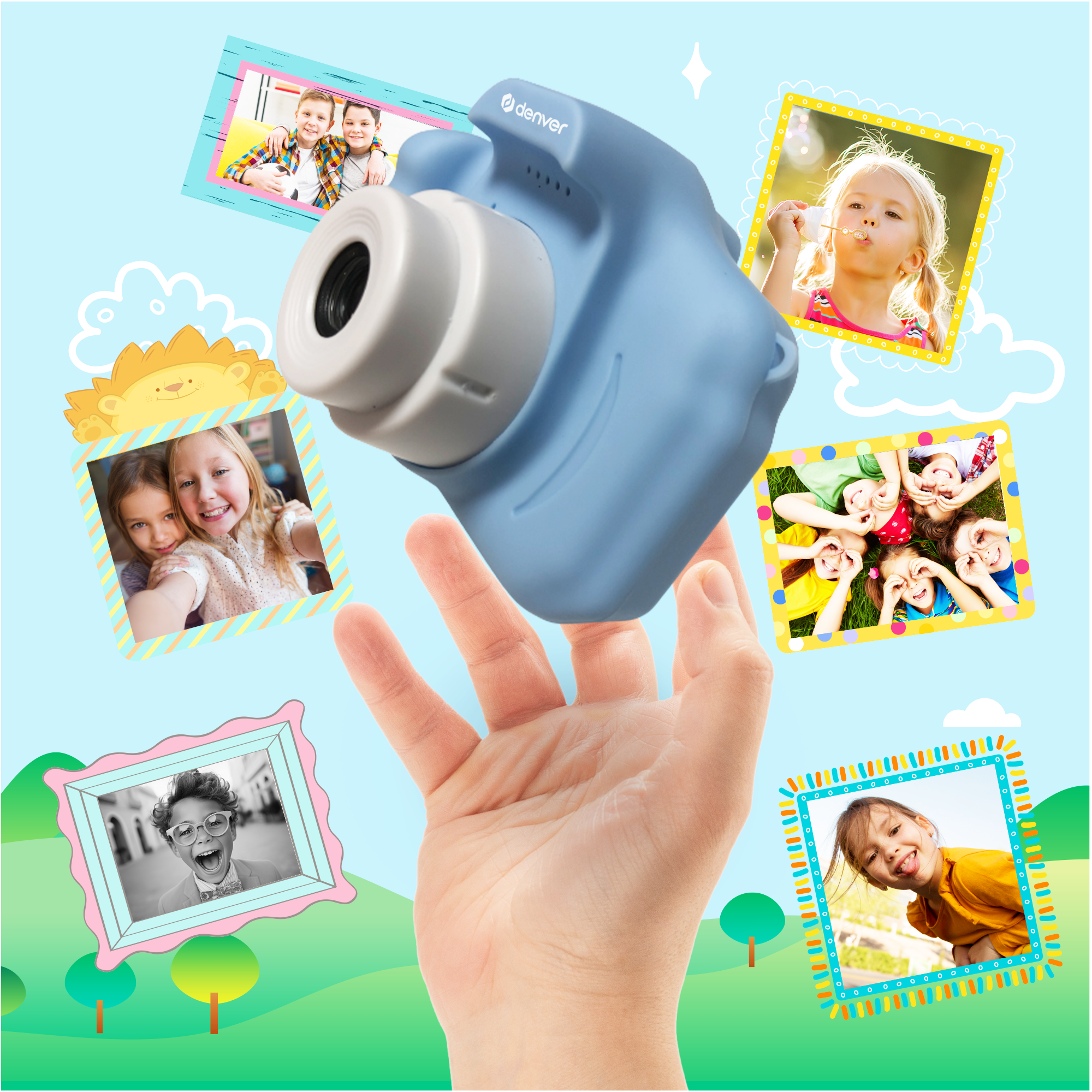 A blue toy camera held by a hand, surrounded by children's photos.