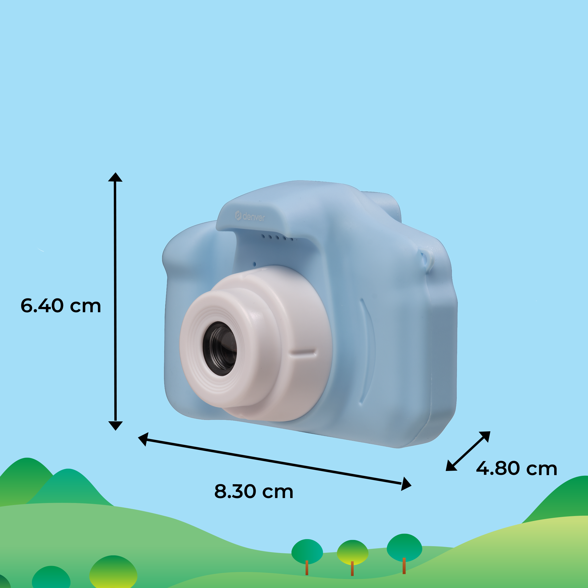 A blue and white toy camera with dimension labels against a light blue background.