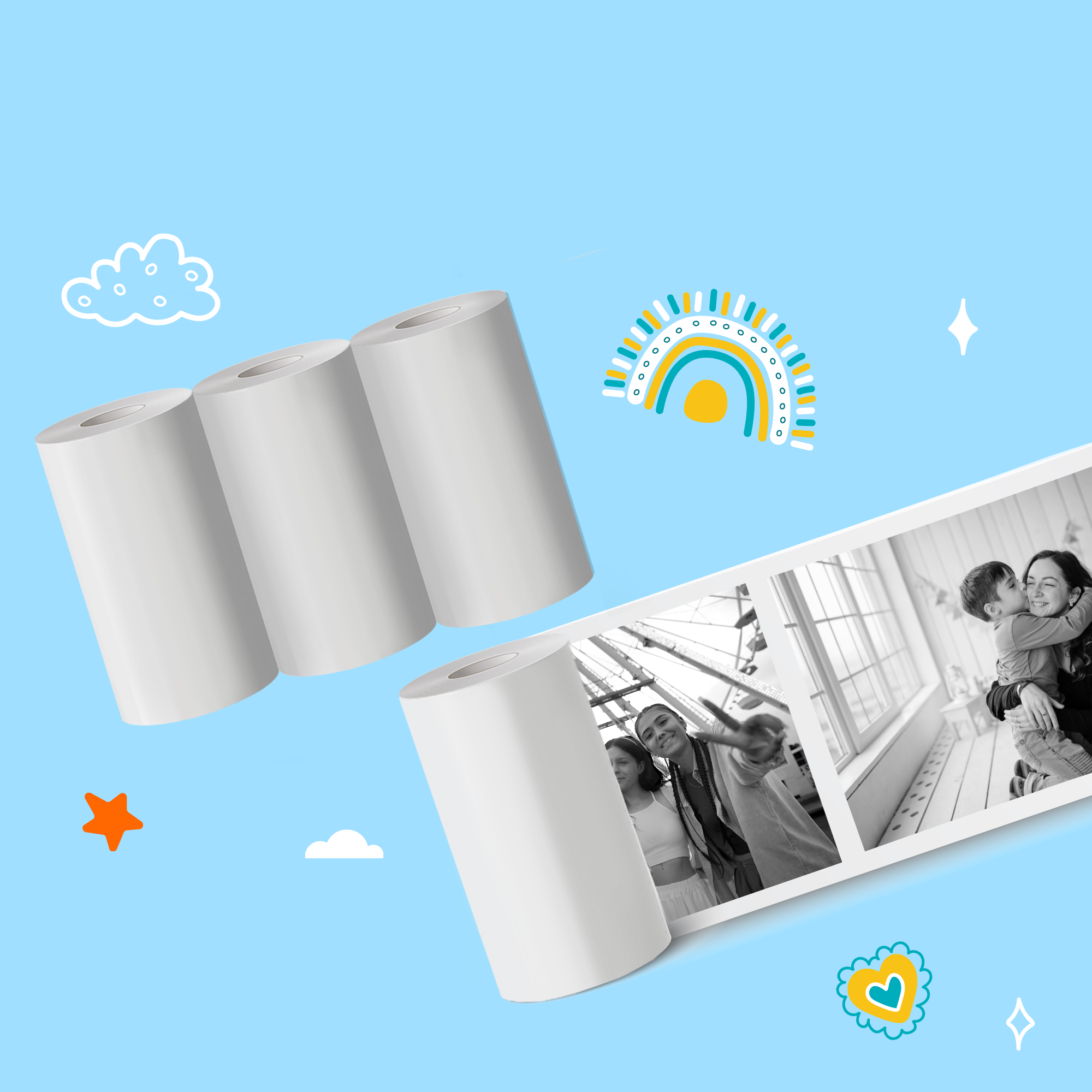 Photo paper rolls and a photo strip with family pictures and drawings.