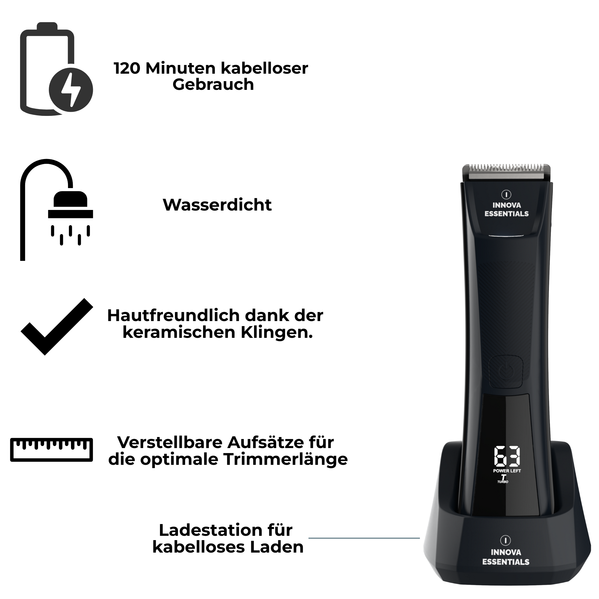 Schwarzer Elektrorasierer mit Ladestation. Symbole zeigen Akku, Dusche, Häkchen, Lineal und Ladestation.