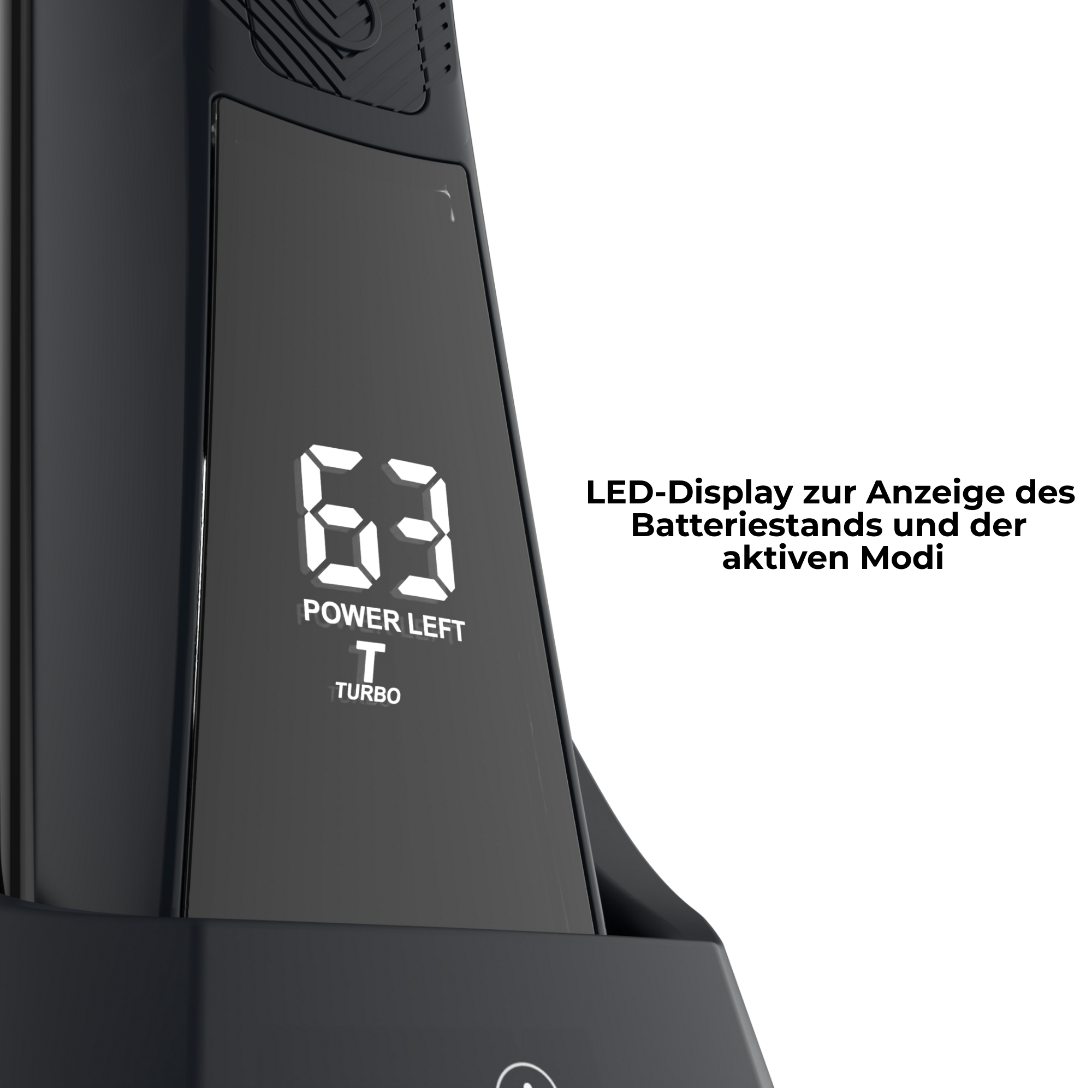 Nahaufnahme des Gerätebildschirms mit Anzeige von Leistung und Turbo.