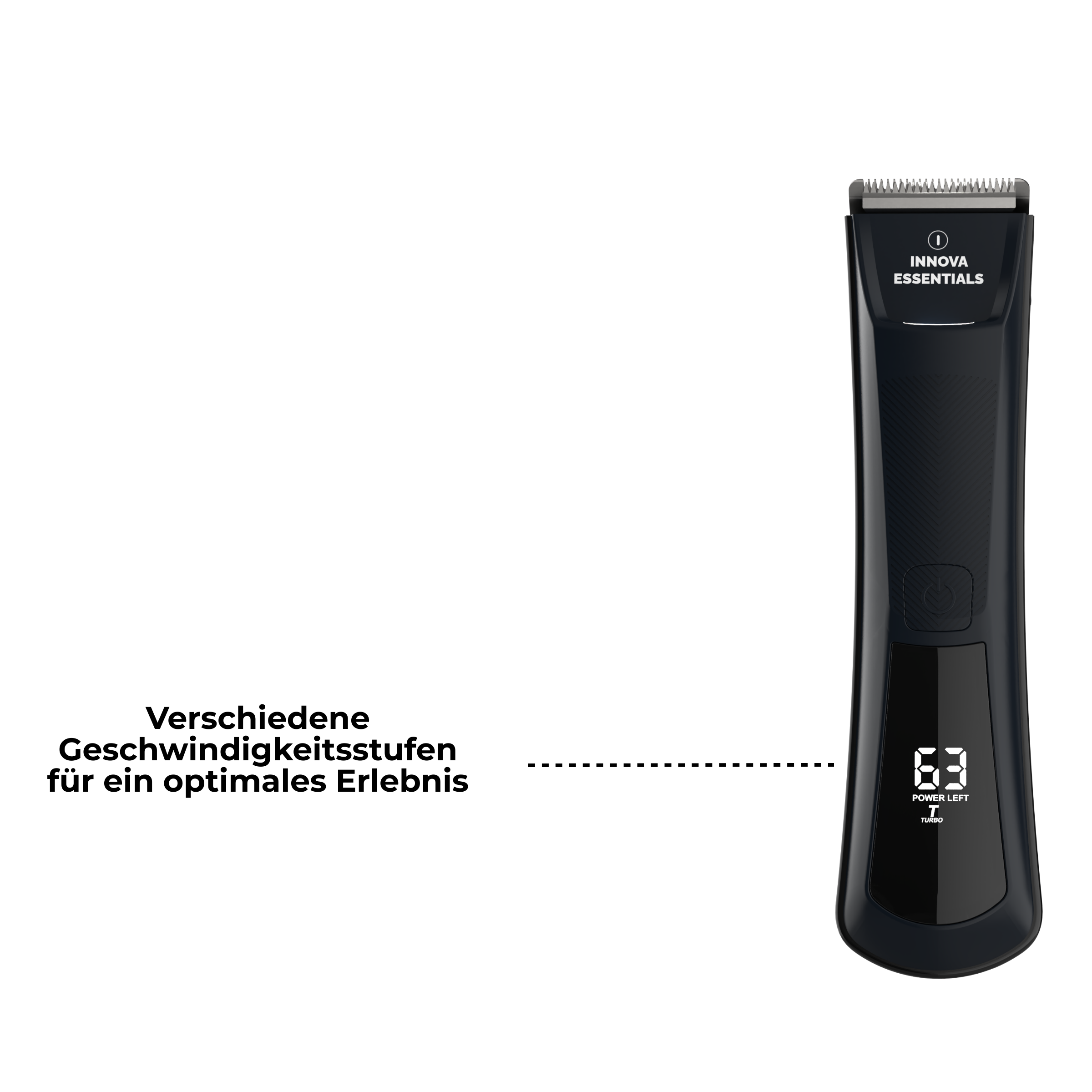 Schwarzer Body Groomer mit Digitalanzeige. Weißer Hintergrund. Text auf Deutsch.