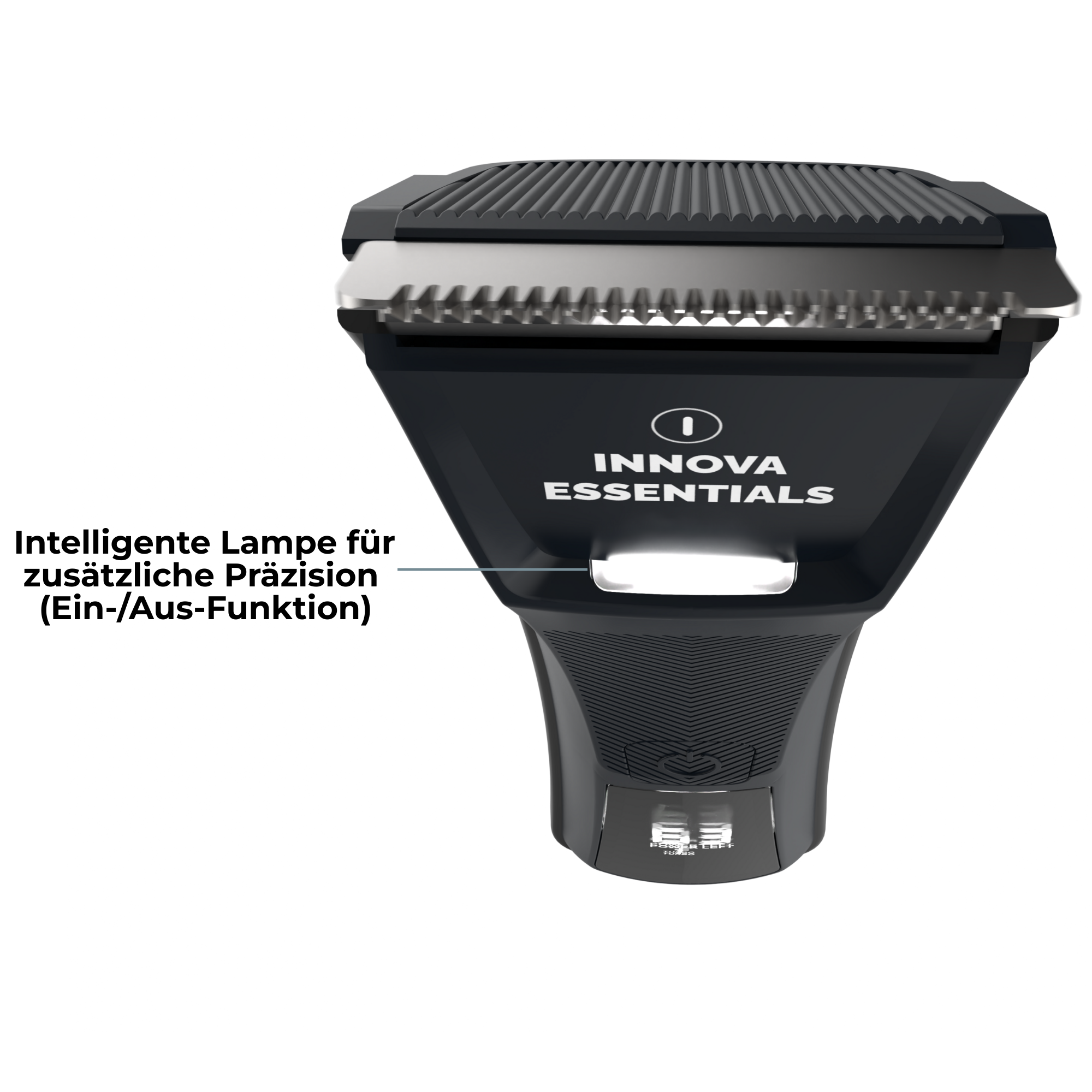 Schwarzer und silberner Trimmer mit 'INNOVA ESSENTIALS' Label und Text zur Lampe.