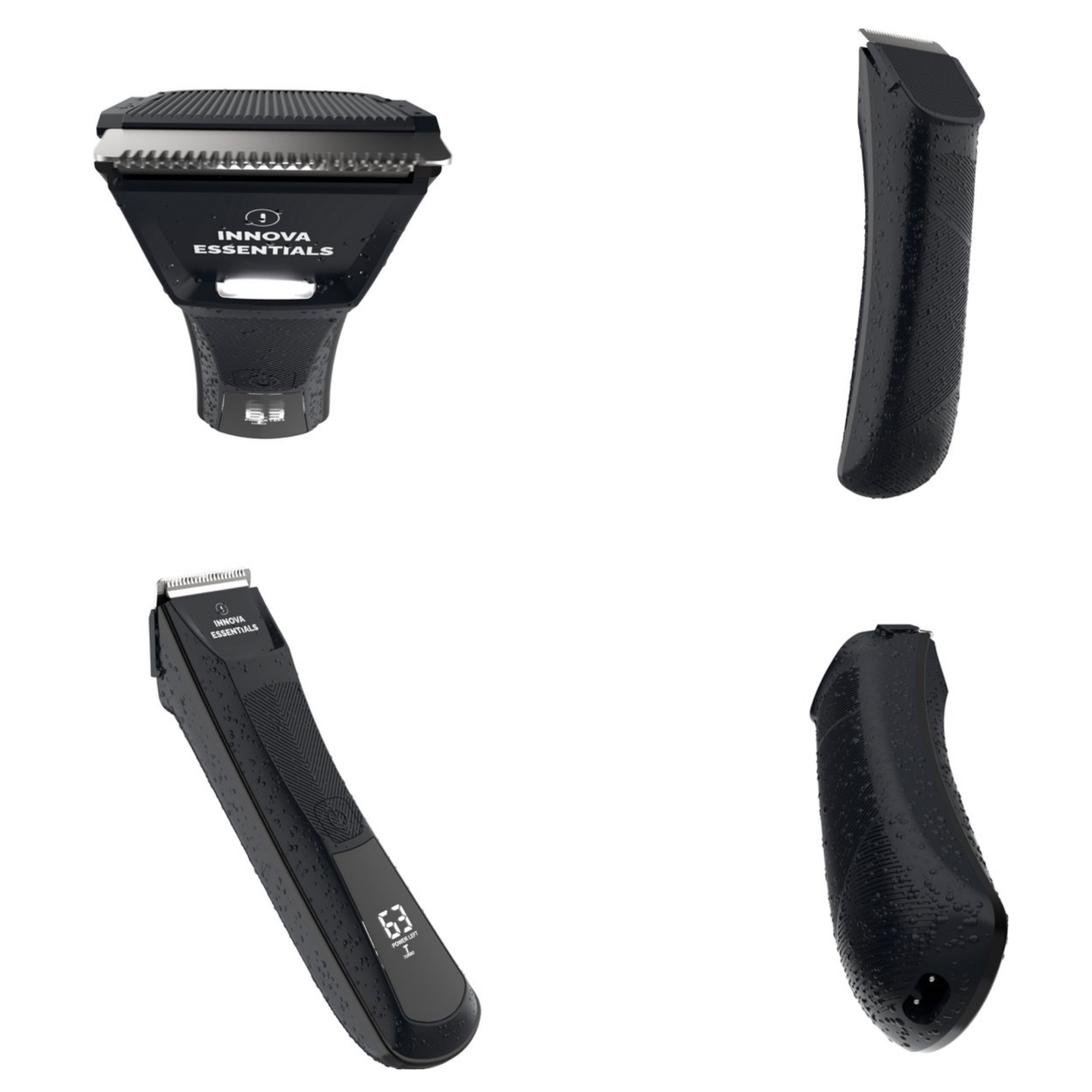 Vier Bilder eines schwarzen Innova Essentials Trimmers. Verschiedene Teile werden gezeigt: Trimmerkopf, Griff, zwei Teile.