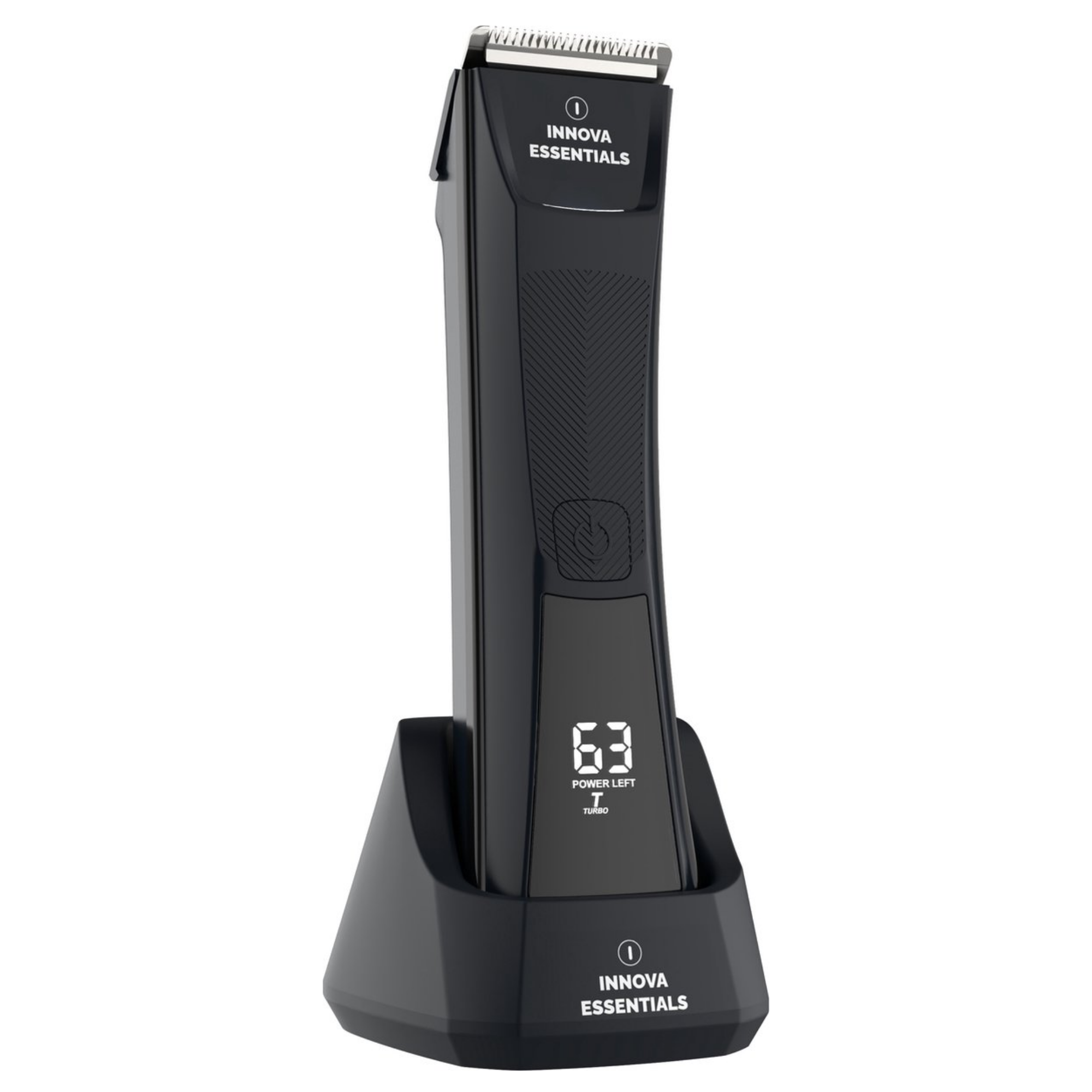 Ein schwarzer Innova Essentials Trimmer auf einer Ladestation. Das Display zeigt Leistung und Turbo an.