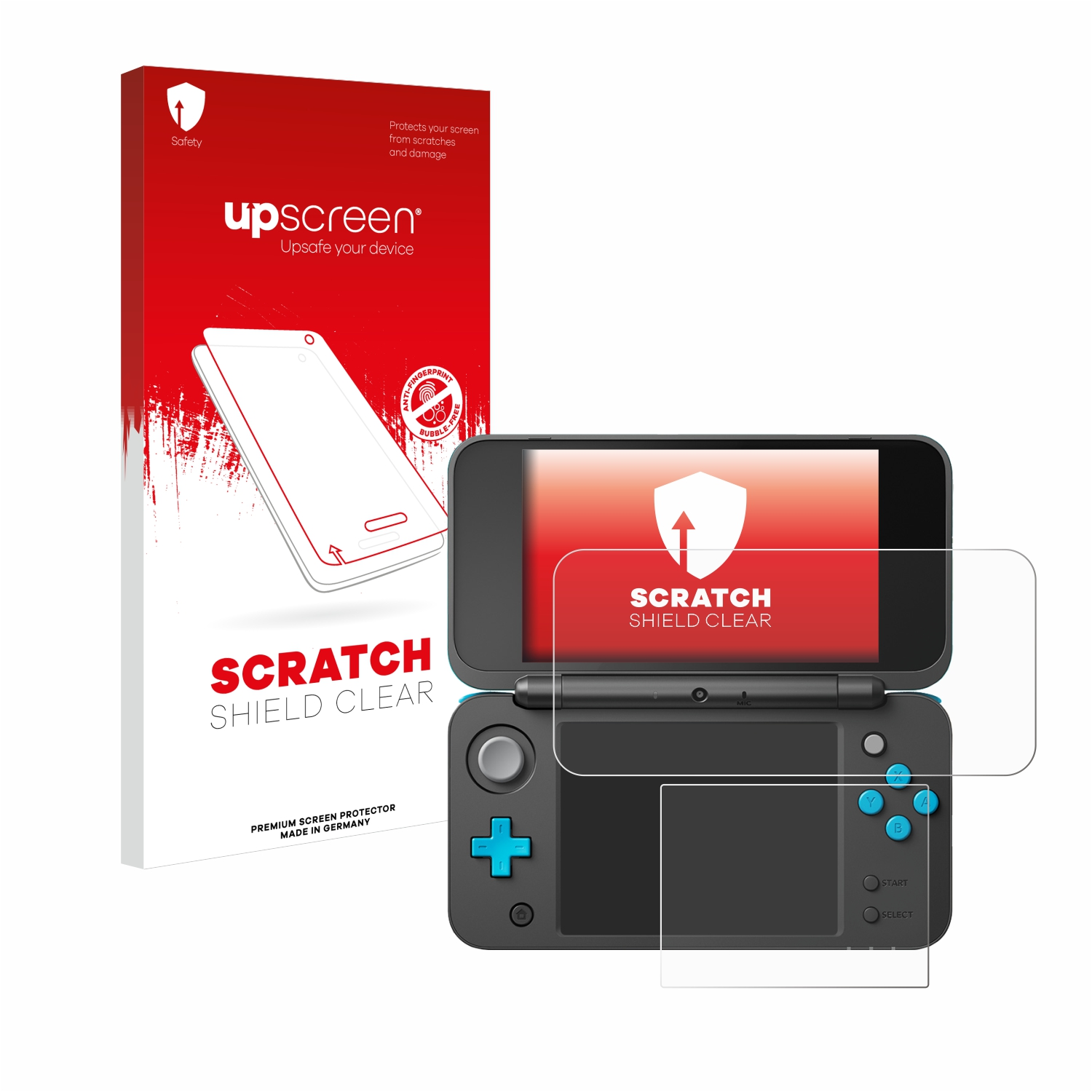 Ein Nintendo 3DS mit Displayschutz und einer Box. Die Box ist rot und weiß, das Gerät ist schwarz.
