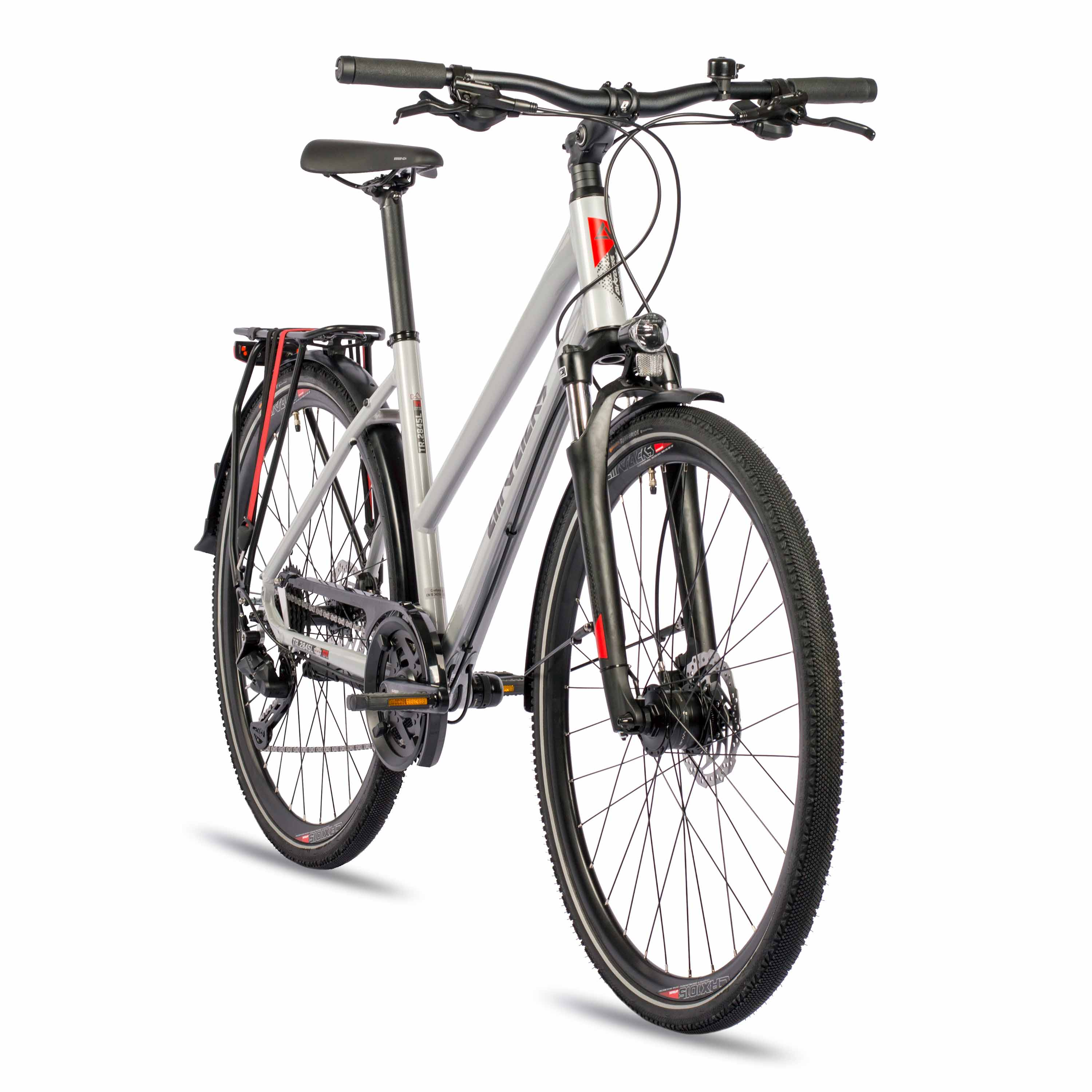 Silbernes und schwarzes Fahrrad, von vorne betrachtet, auf weißem Hintergrund. Roter Akzent am Rahmen.