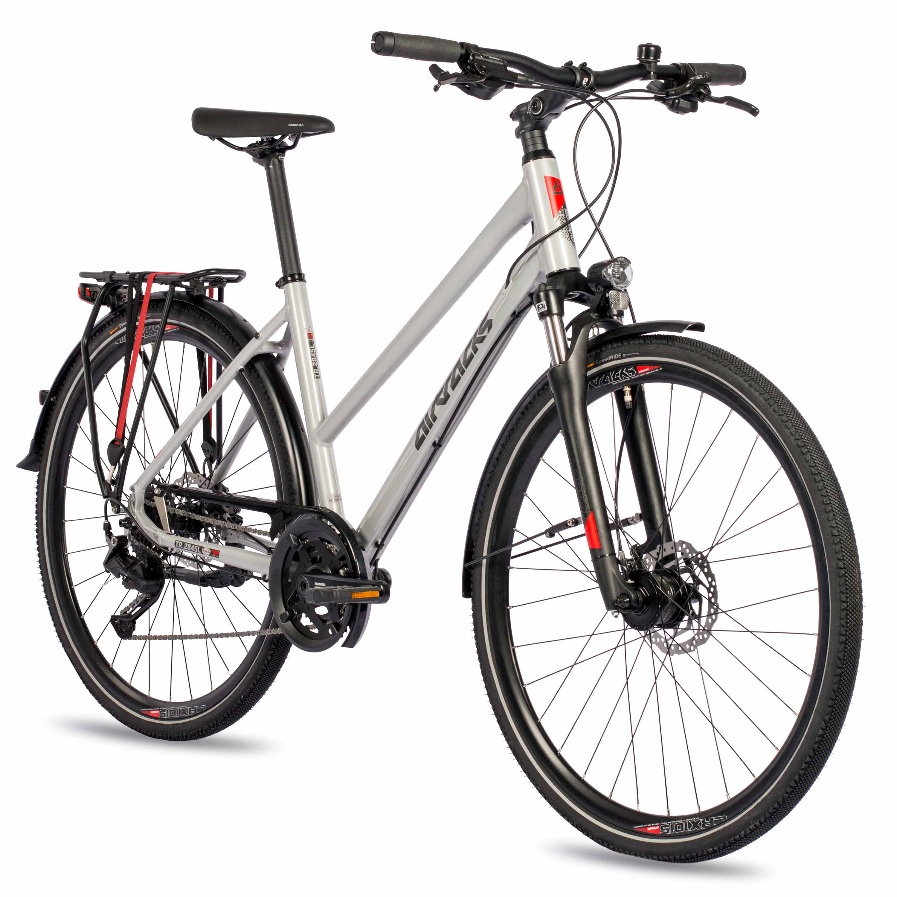 Ein silbernes und schwarzes Fahrrad auf weißem Hintergrund, zum Betrachter geneigt.