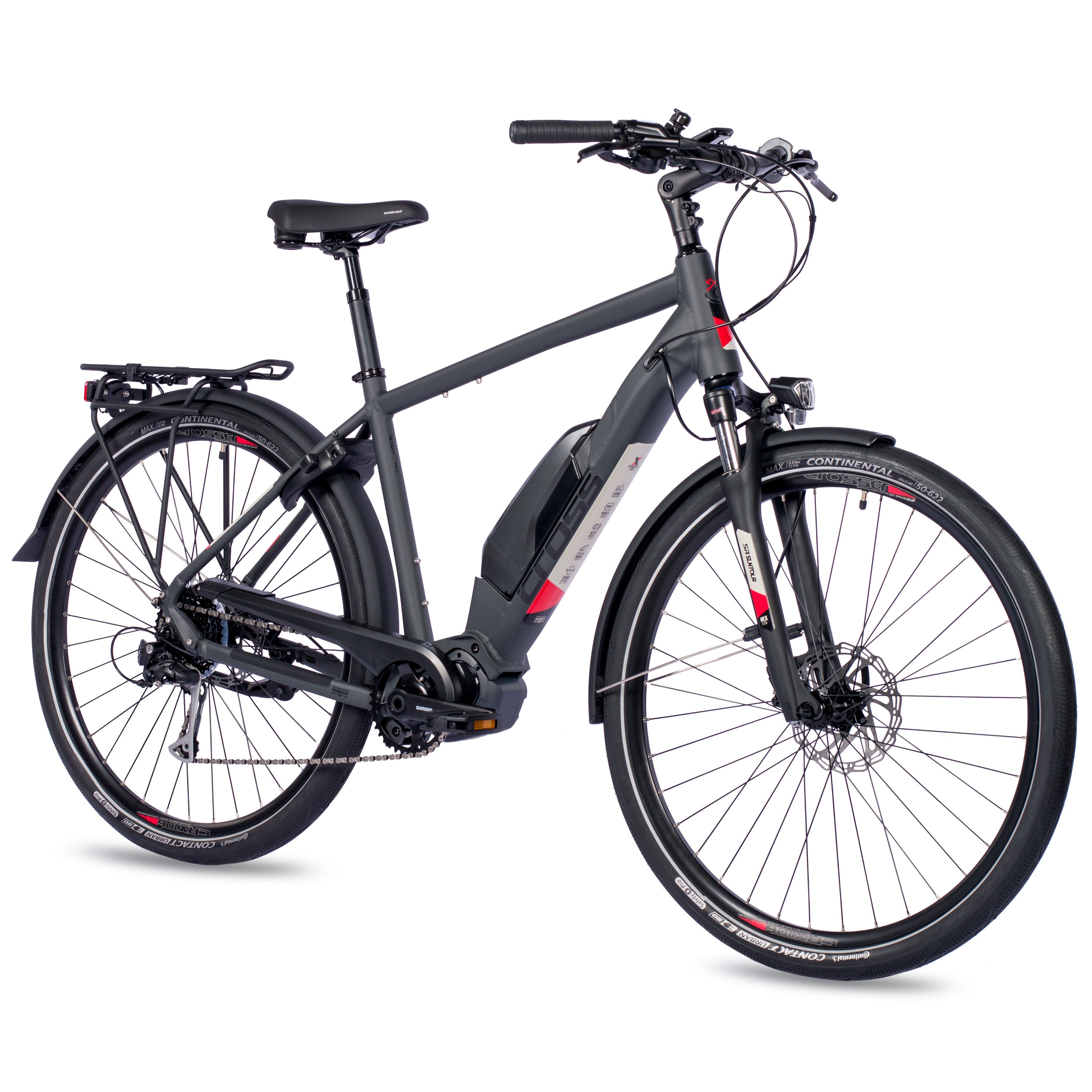 Ein graues und schwarzes Elektrofahrrad auf weißem Hintergrund, mit dem Vorderrad zum Betrachter.