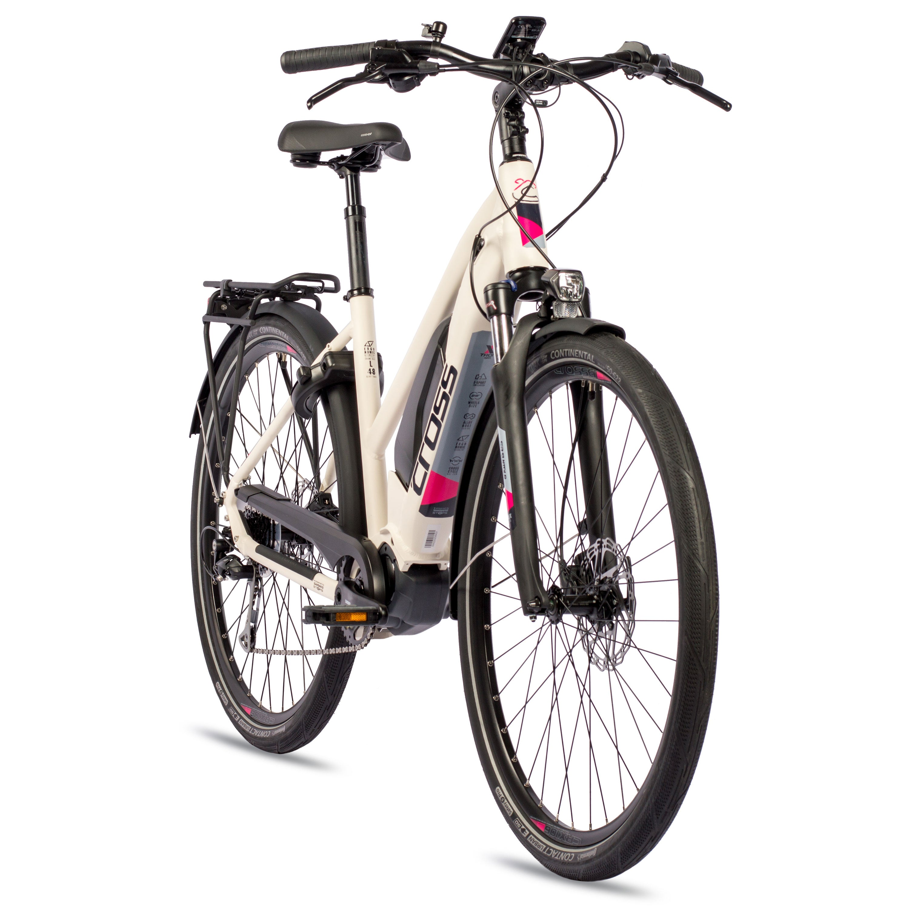 Weißes Elektrofahrrad mit schwarzen Reifen, einem rosa Streifen am Rahmen und einem Digitaldisplay.
