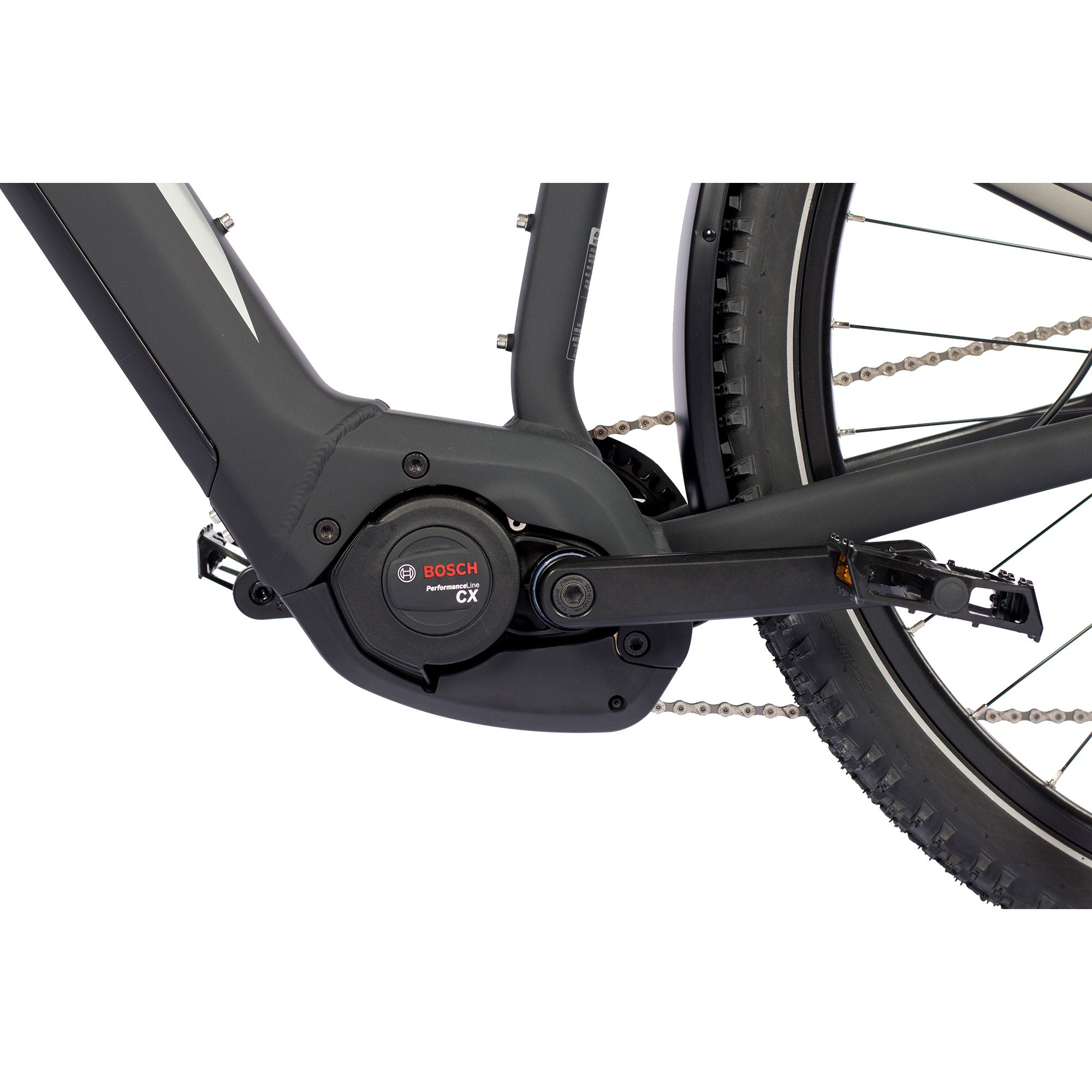 Nahaufnahme eines schwarz-grauen Fahrradmotors mit Bosch-Logo und Kurbel.