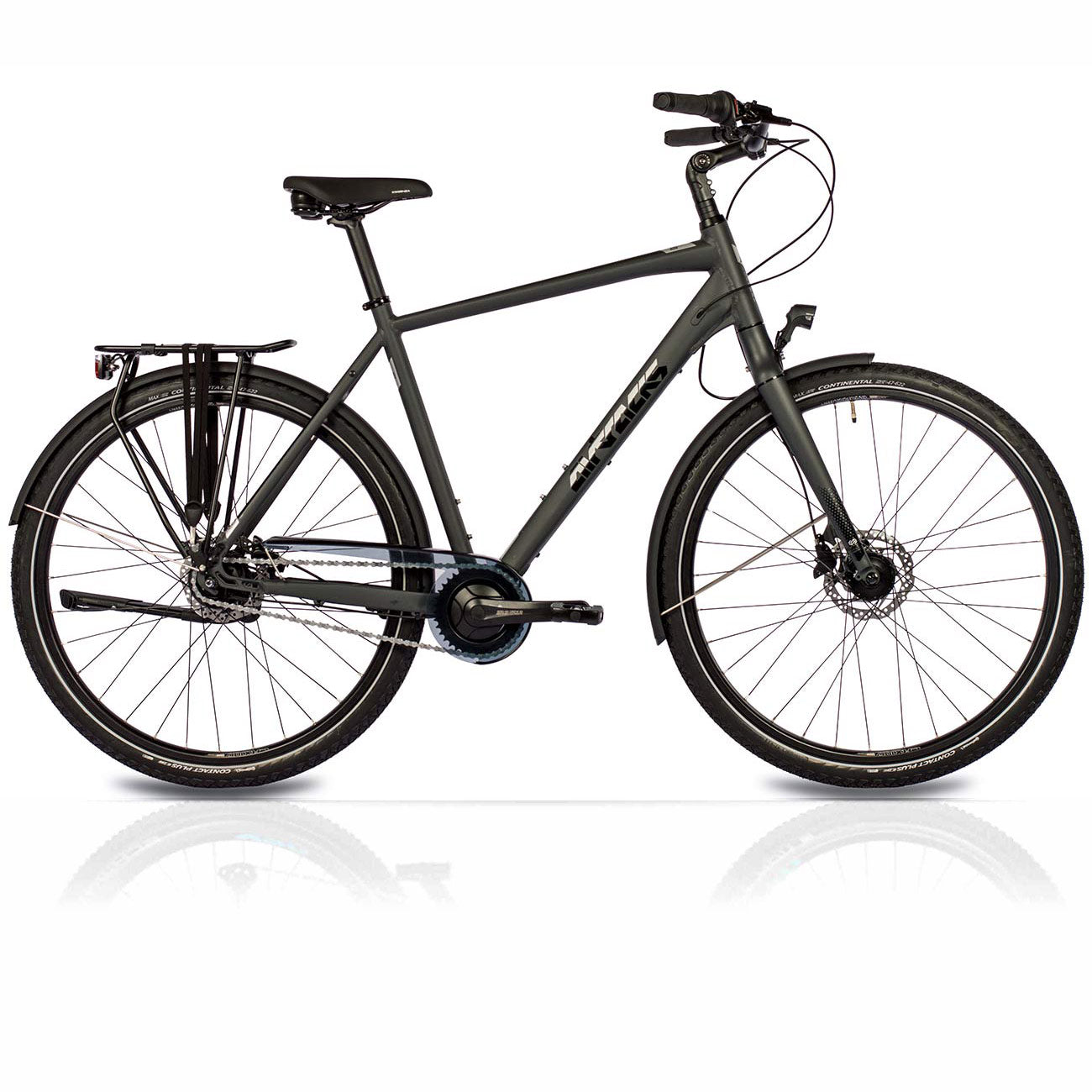 Dunkelgraues Rennrad mit schwarzen Reifen und Gepäckträger hinten, freigestellt auf weißem Grund.