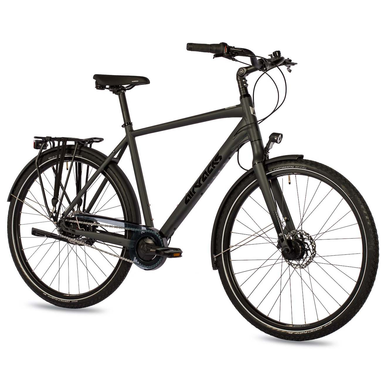 Ein schwarzes Fahrrad vor weißem Hintergrund. Es hat einen dunklen Rahmen und Räder.