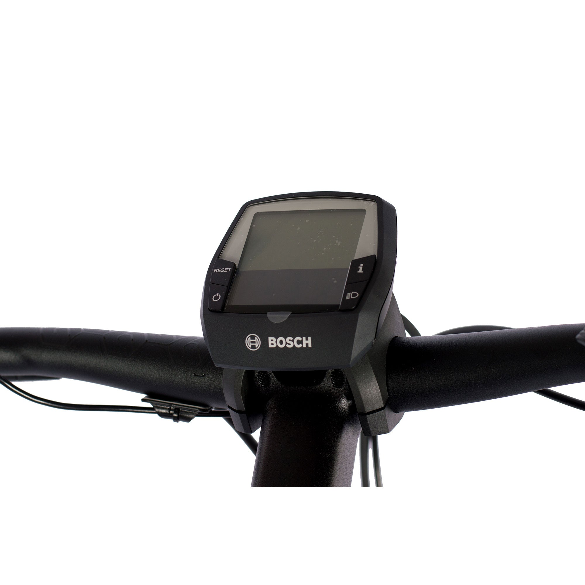 Nahaufnahme eines schwarzen Displays an einem Fahrradlenker. Das Display zeigt Tasten und das Bosch-Logo.