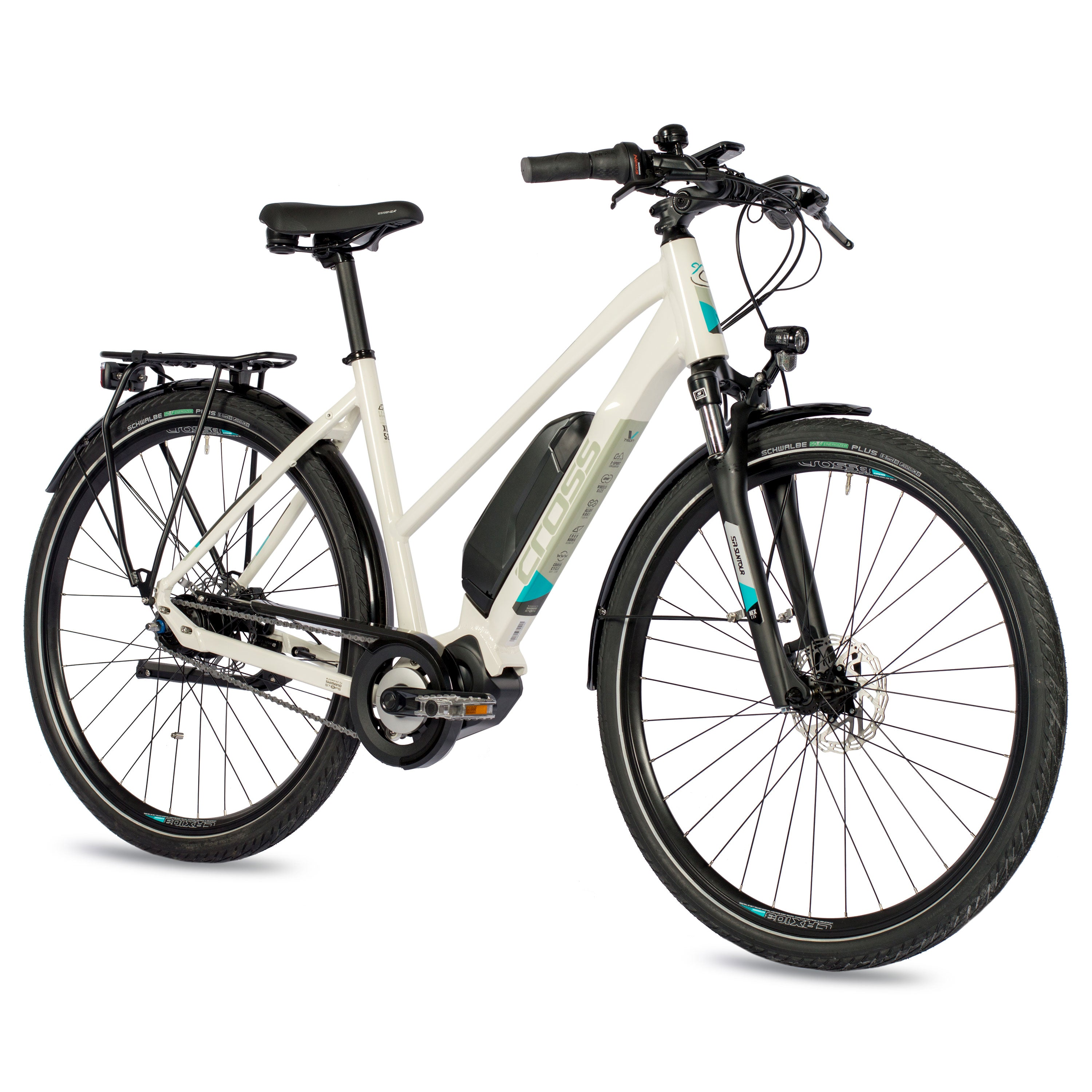 Ein weißes und schwarzes Elektrofahrrad. Es hat einen Akku und ein schlankes Design, auf weißem Hintergrund.