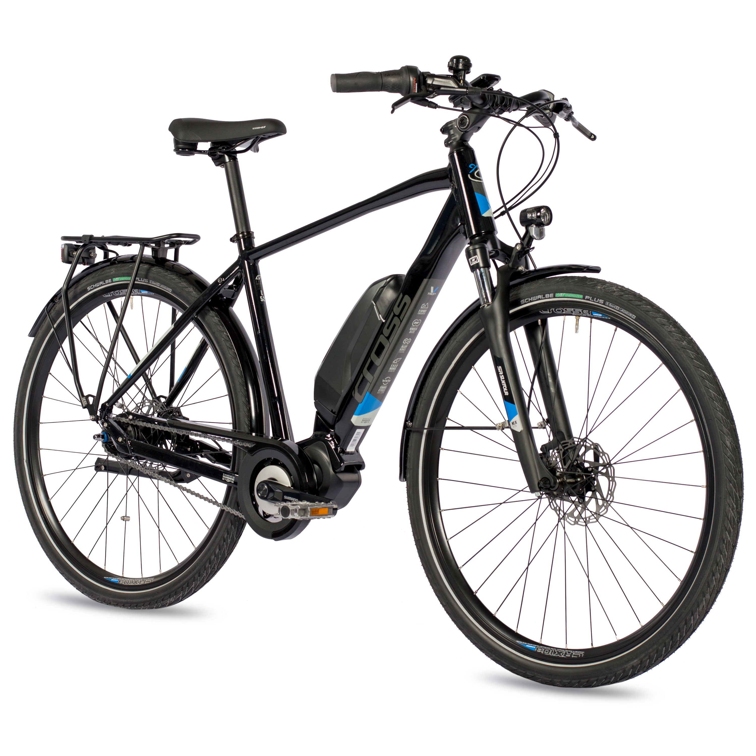 Schwarzes Elektrofahrrad mit schwarzem Rahmen. Es hat einen Akku, einen Gepäckträger und schwarze Reifen.