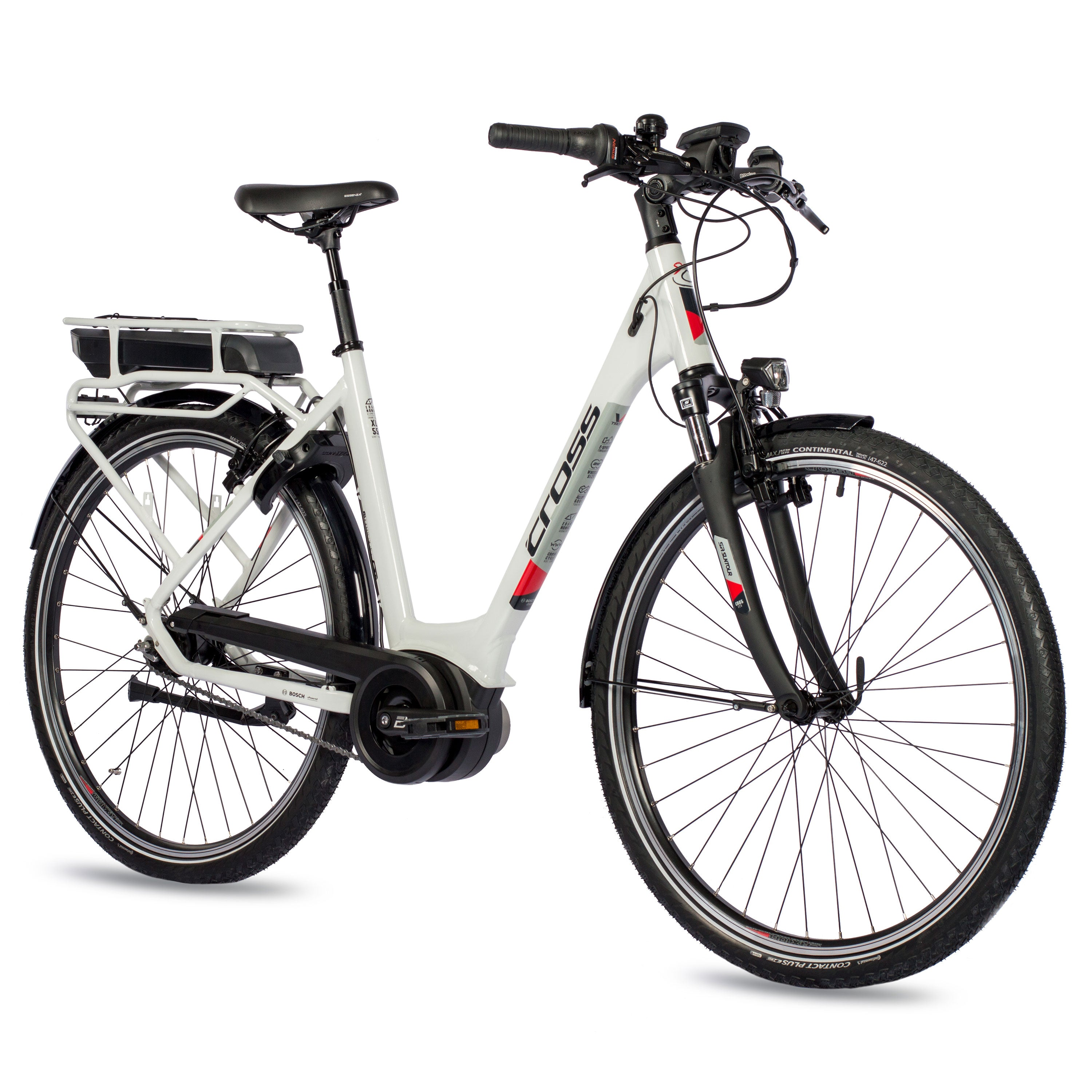 Weißes Elektrofahrrad, schwarze Reifen und ein weißer Rahmen mit rotem Streifen.