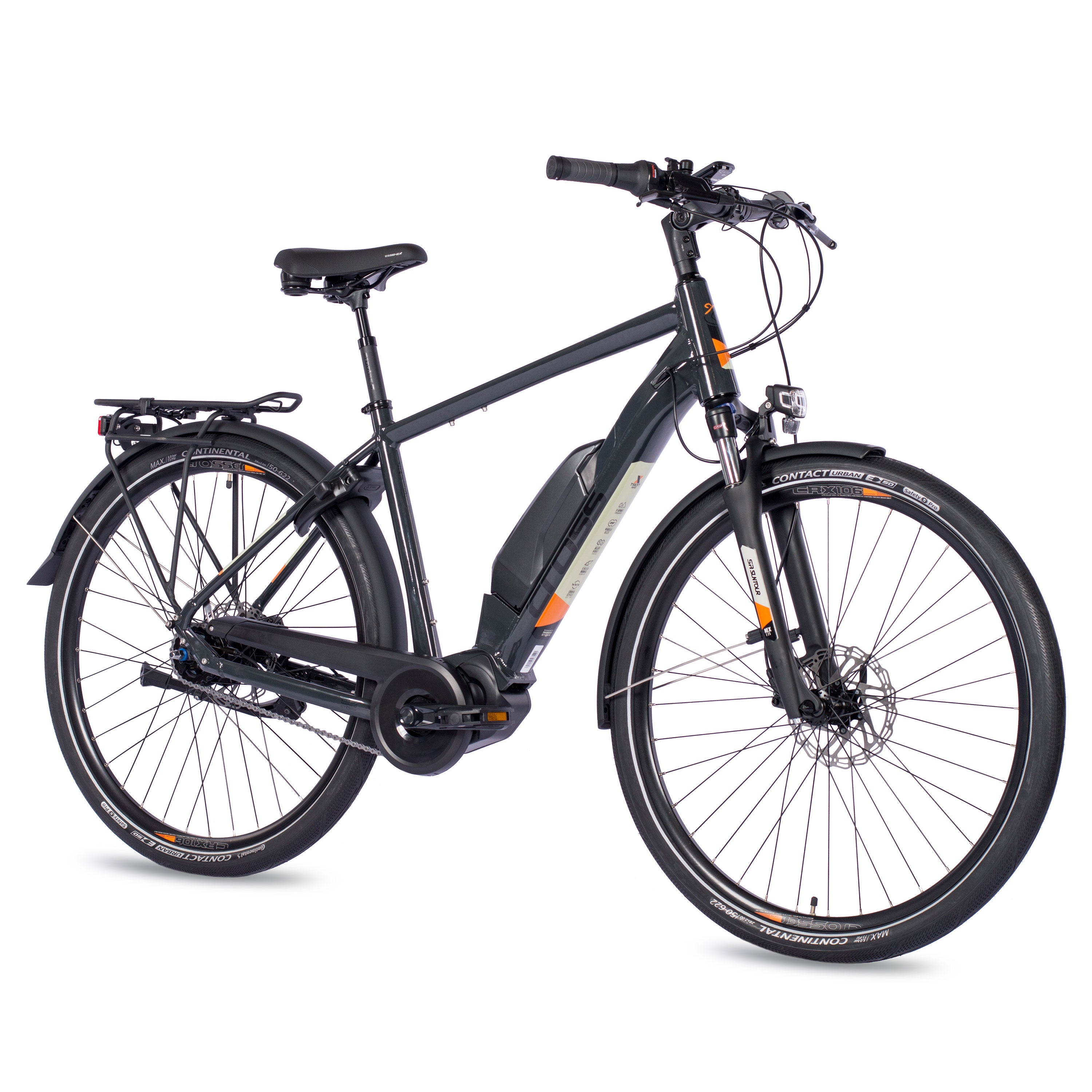Ein schwarz-graues Elektrofahrrad mit weißem Hintergrund.